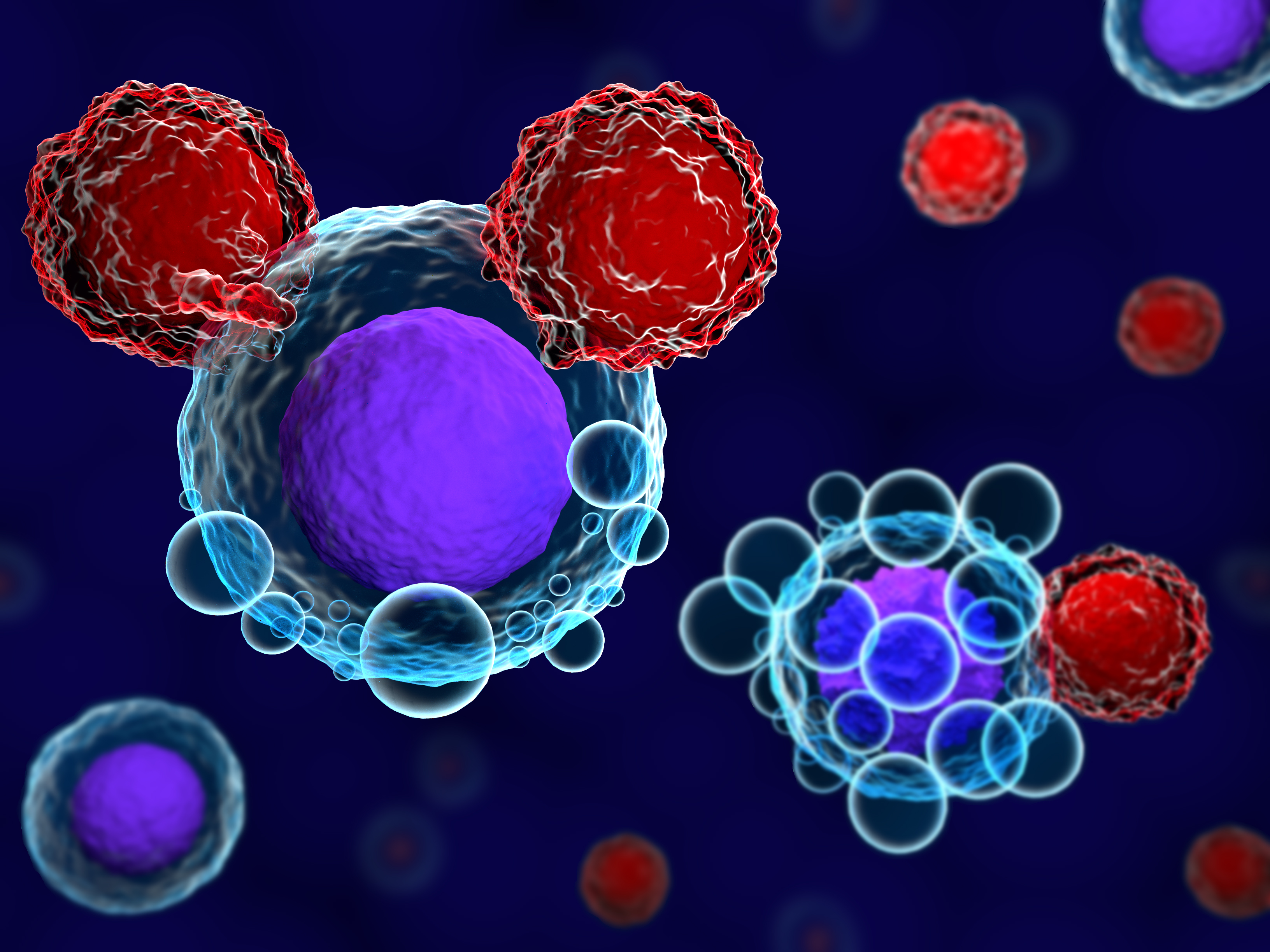 Illustration representing T cells attacking cancer cells