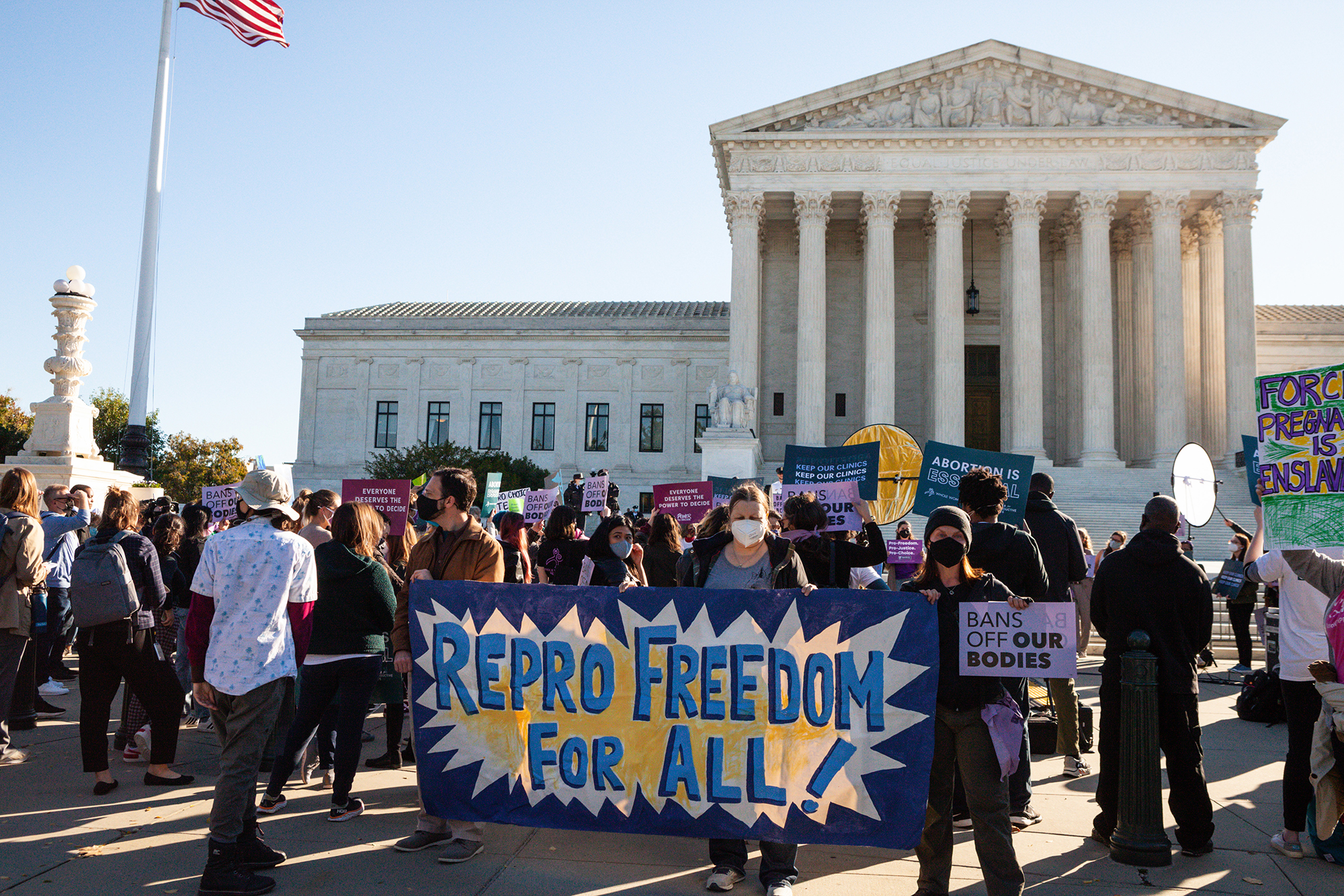 Crowd of people in front of U.S. Supreme Court, several hold a large sign that reads Repro Freedom For All!