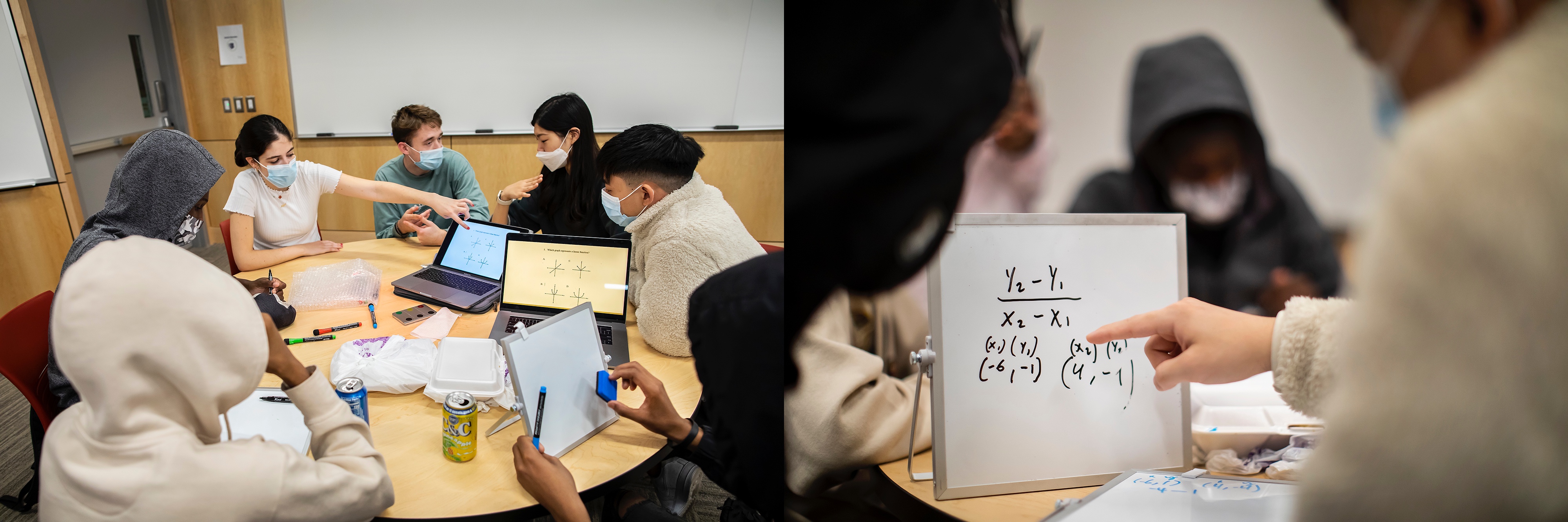 on the right, students work in groups on math problems looking at laptops and on the left a student points at math equations on a white board