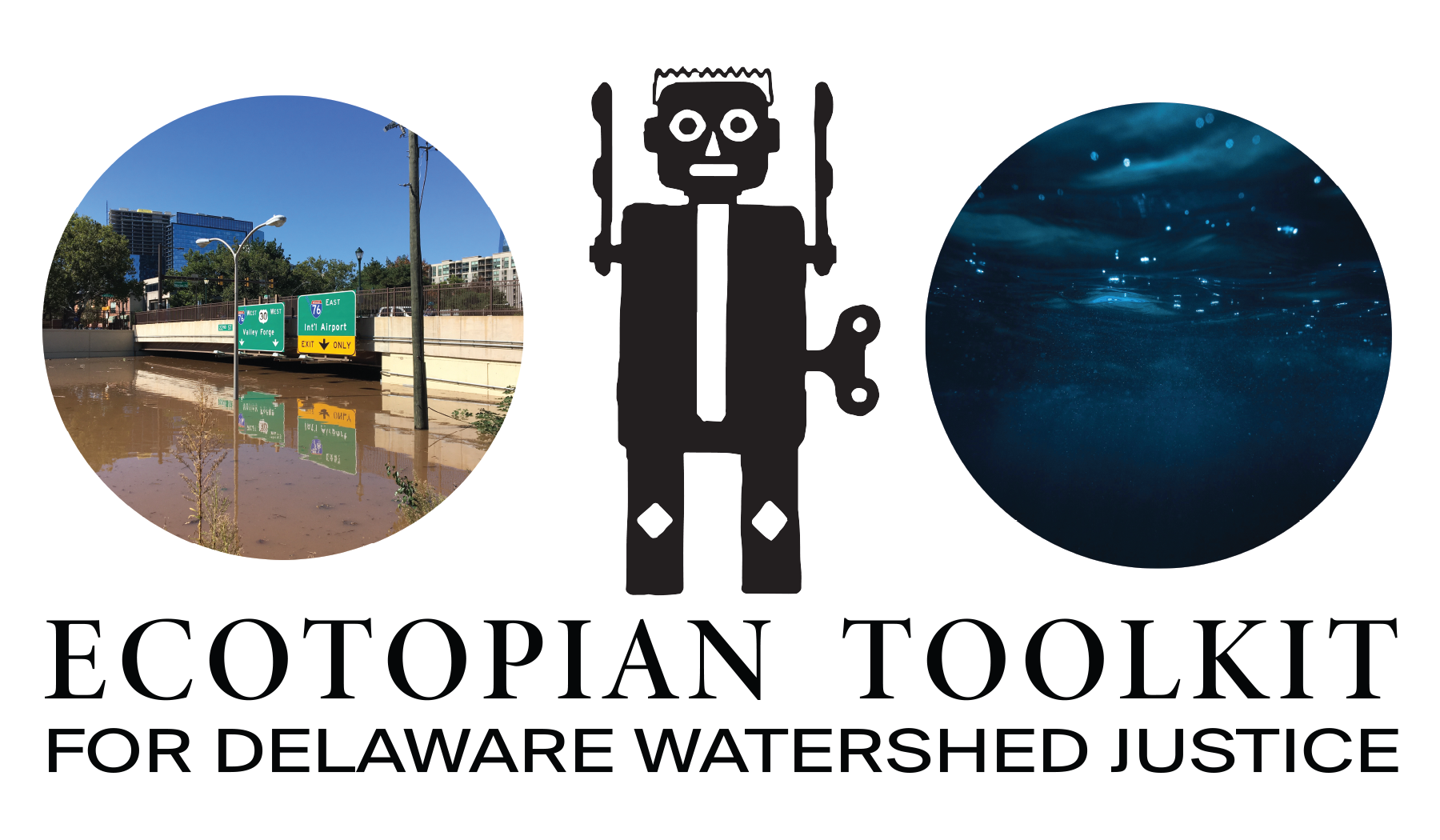 Three images of highway submerged with water, robot, and underwater scene that says Ecotopian Toolkit for Delaware Watershed Justice