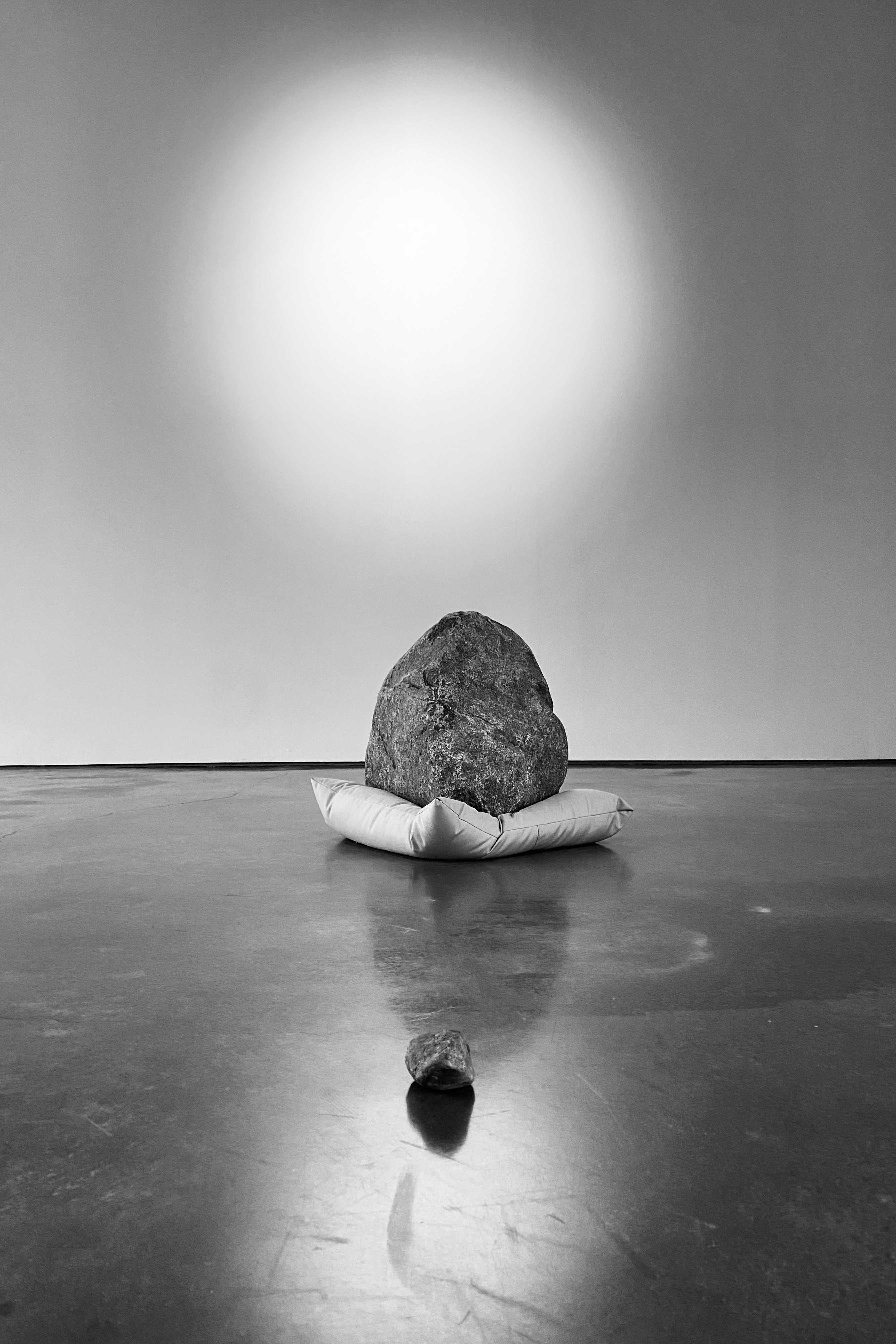 a boulder on a pillow in an empty room 