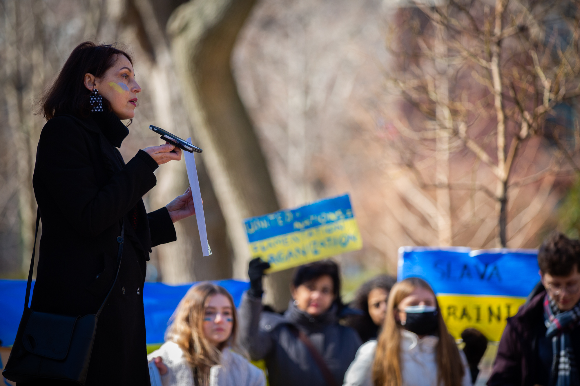 A person speaks at a pro-Ukraine rally on Penn’s campus.