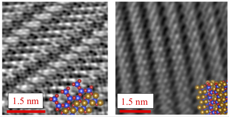 Side-by-side panels labeled with 1 nanometer scale bar show atomic structure of asbestos