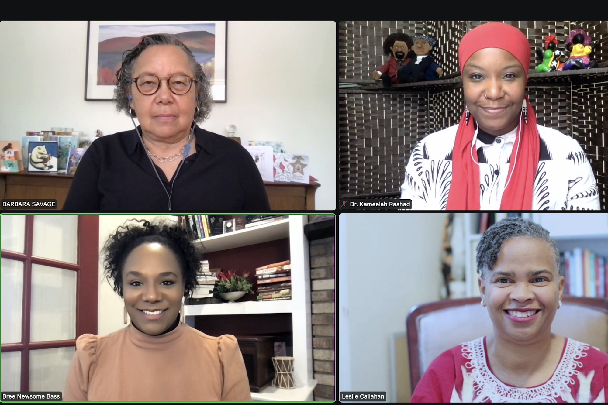 A Zoom screen shows four women looking at the camera