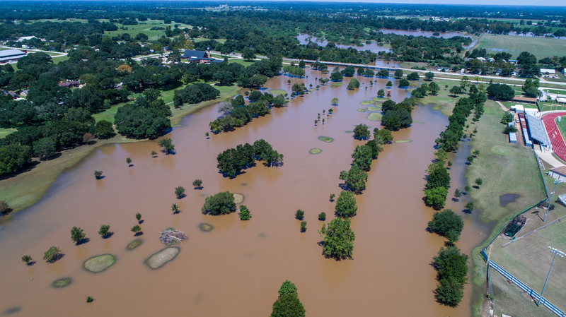 Aerial view of a flooded Texas town.