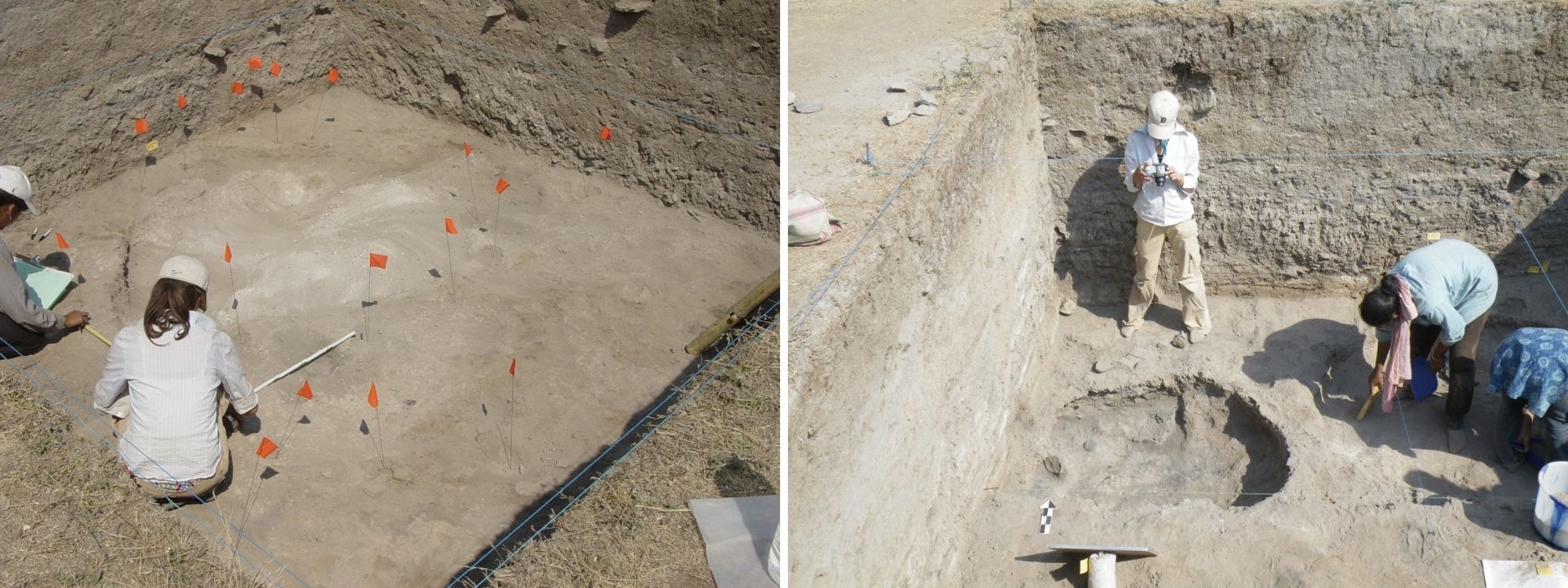 Duo of an archaeological dig pit, before and after excavation.