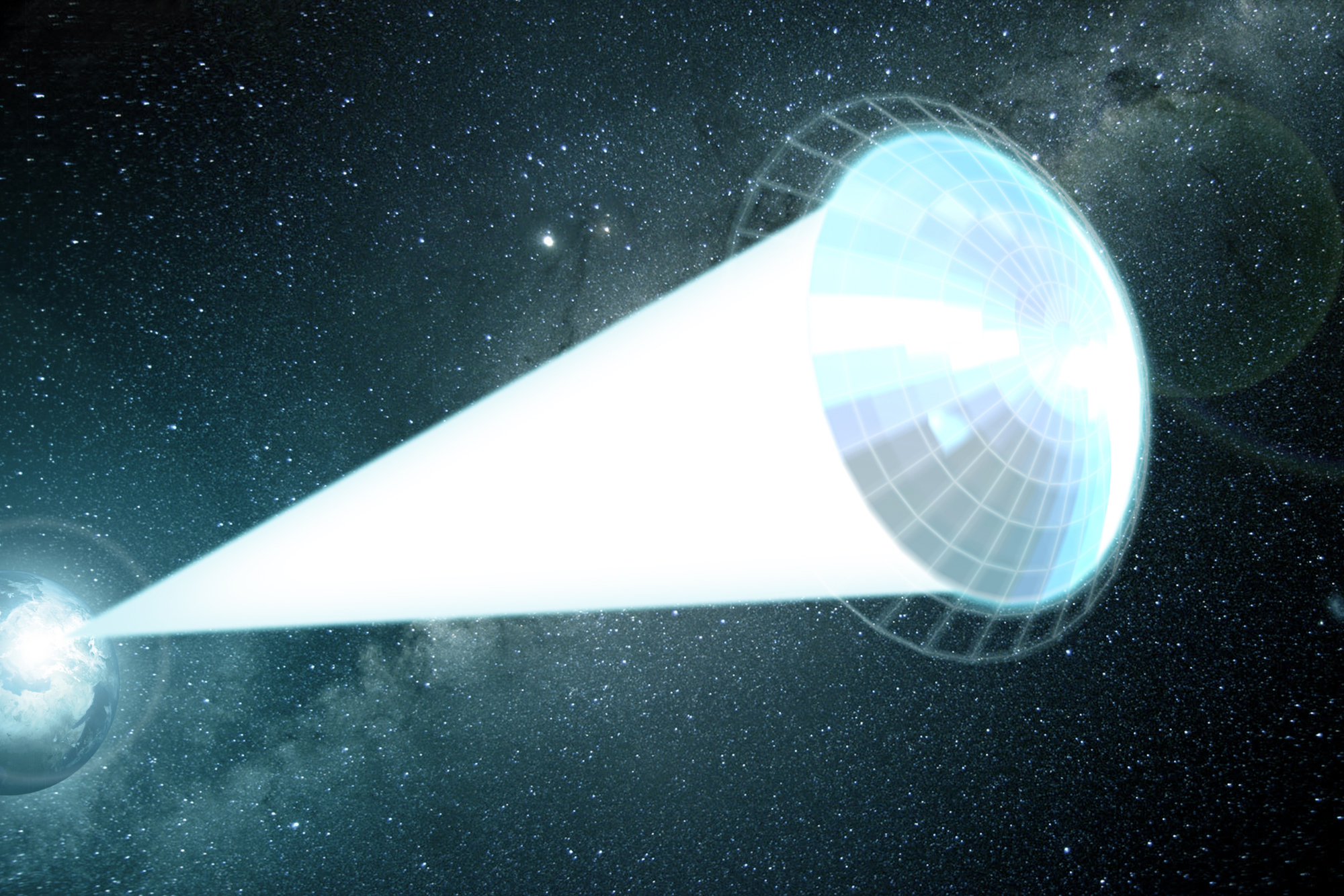 Artist rendering of the Starshot Lightsail spacecraft during acceleration by a ground-based laser array. 