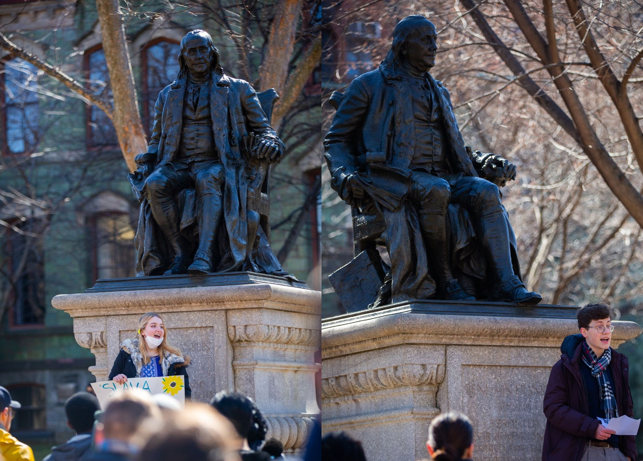 Two people speaking to the crowd on College Green in front of a statue of Ben Franklin in support of Ukraine.