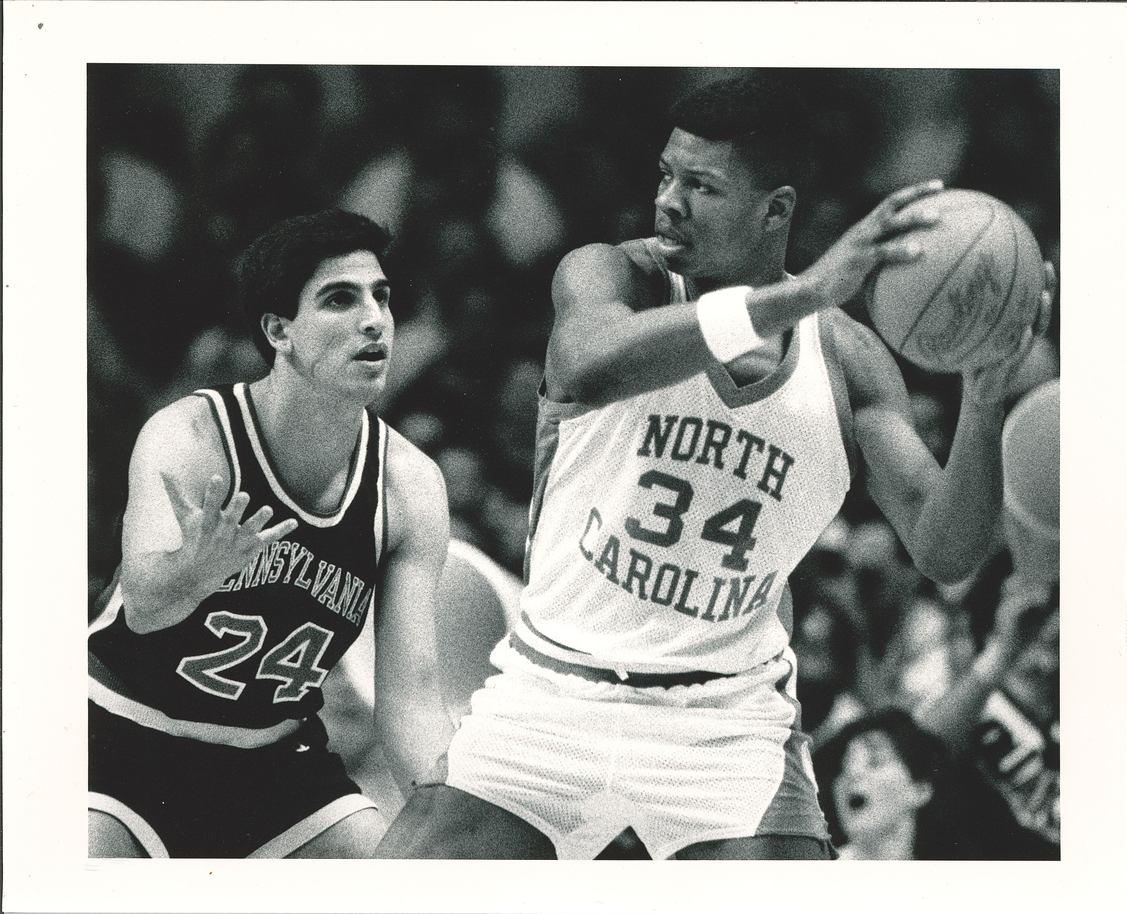 Bruce Lefkowitz defends North Carolina freshman J.R. Reid during the 1987 Men’s Division I NCAA Basketball Tournament.