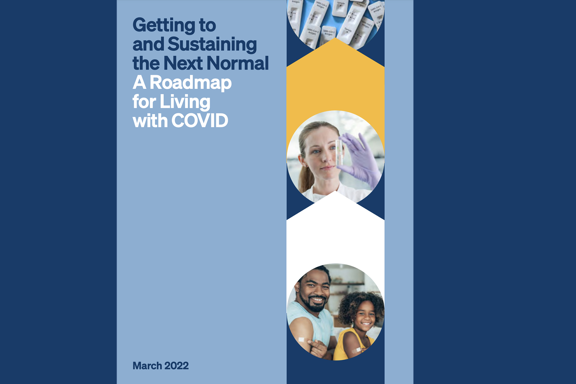 A book cover with the words "Getting to and Sustaining the Next Normal A Roadmap for Living with COVID." On the right side are three images in circles, of COVID at-home tests, a person holding a vial in a rubber gloved hand, and an adult and child showing their arms, indicating they got vaccinated in the spot where there's a Band-Aid..