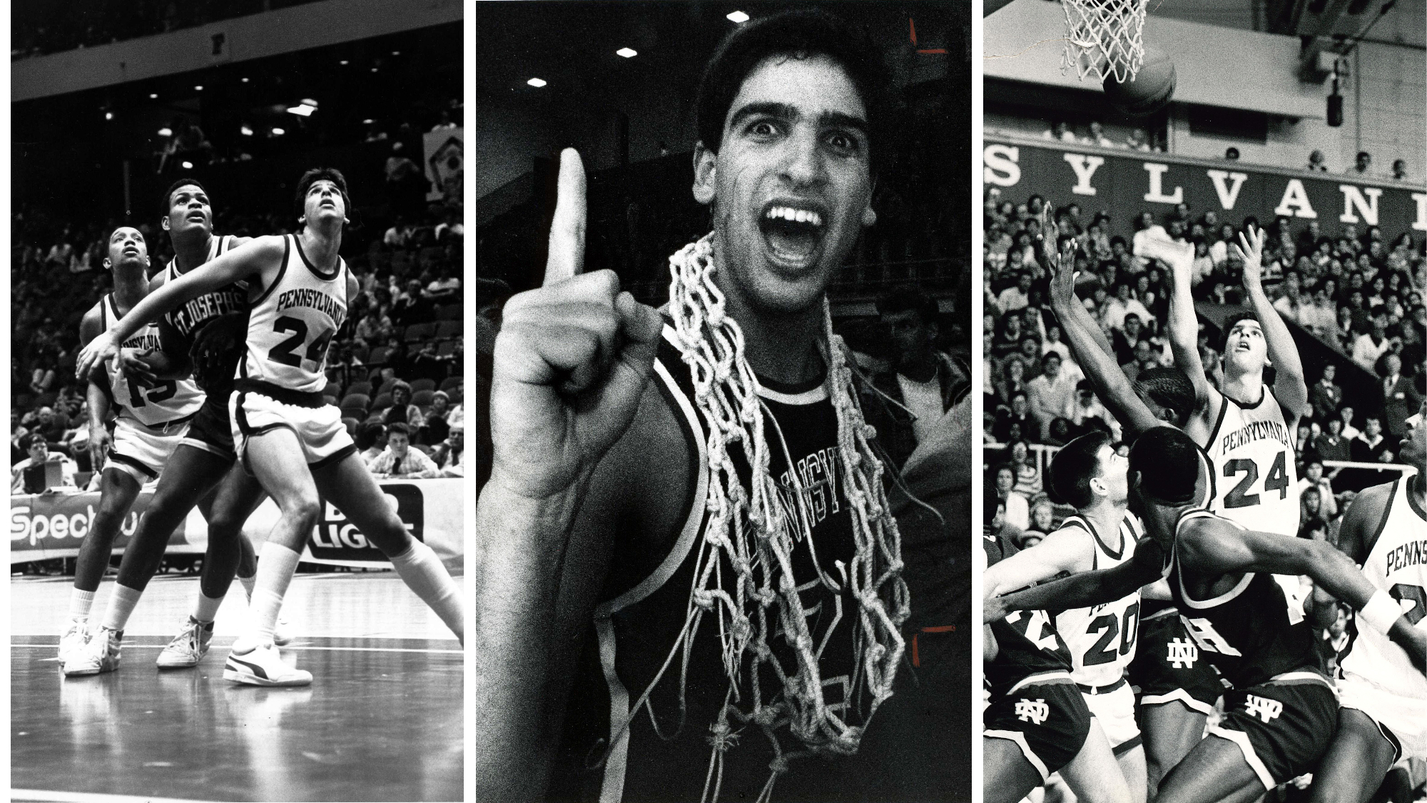 A grid showing Lefkowitz rebounding, celebrating, and shooting during his Penn days.