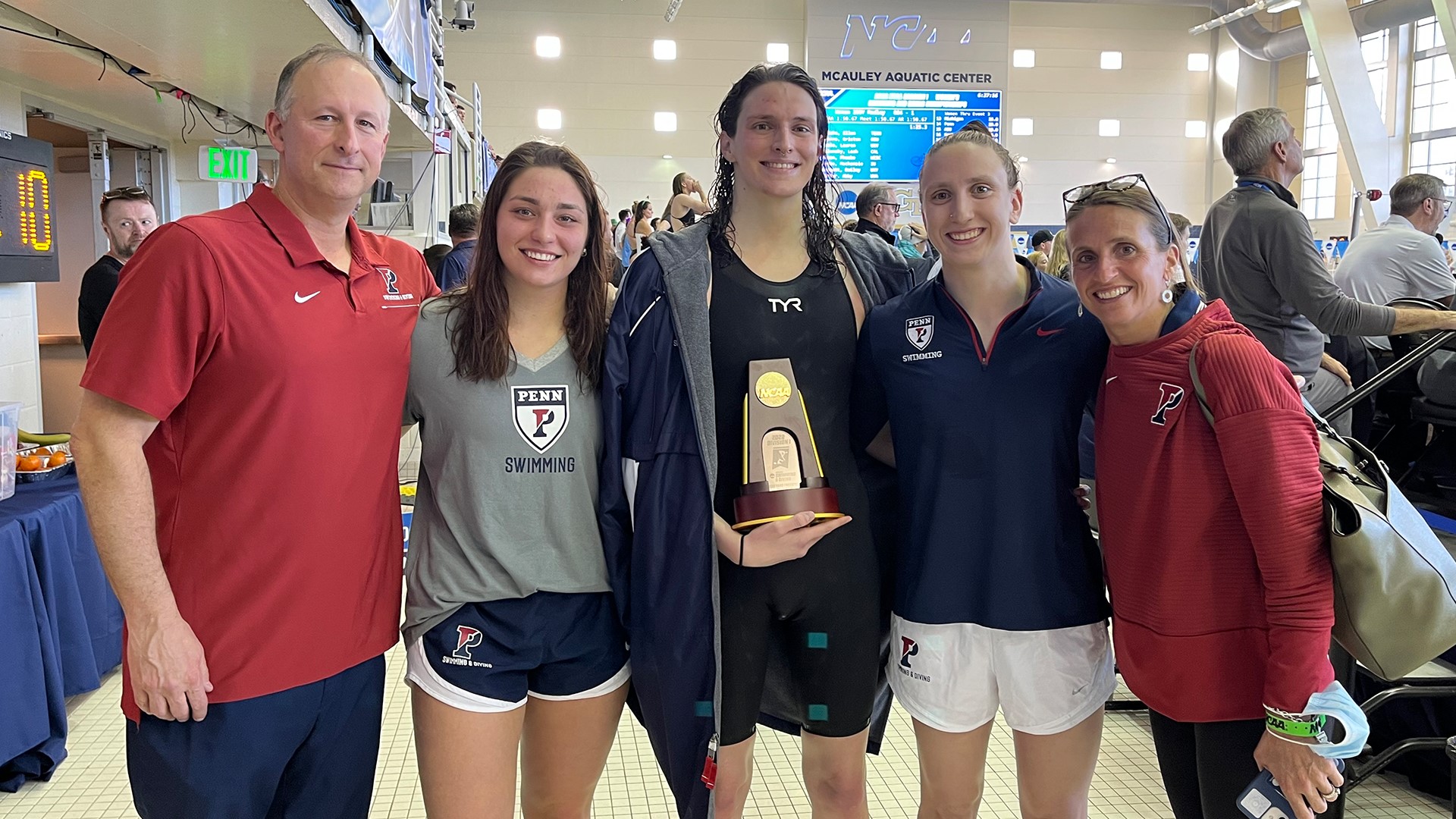 From left, Mike Schnur, head coach of the swimming and diving team, junior Anna Kalandadze, senior Lia Thomas, junior Catherine Buroker, and AD Alanna Shanahan.