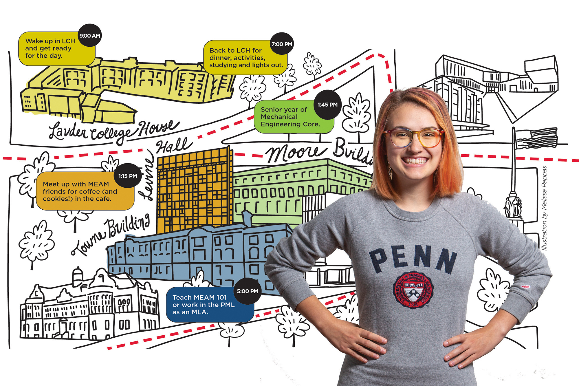 Sophie Bowe standing in front of a hand-drawn map of Penn with time stamps showing where she visits throughout the day.