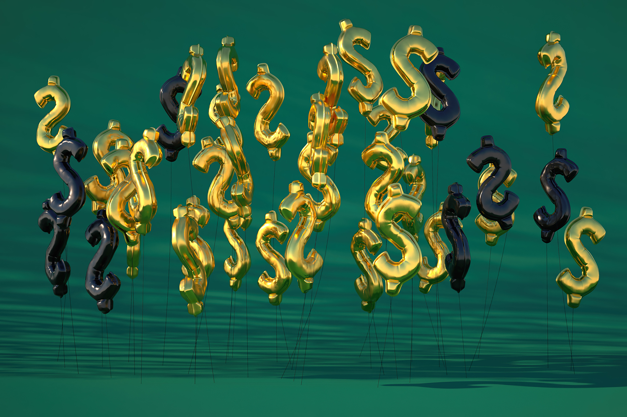 Image of dollar signs in gold and black colors with green background.