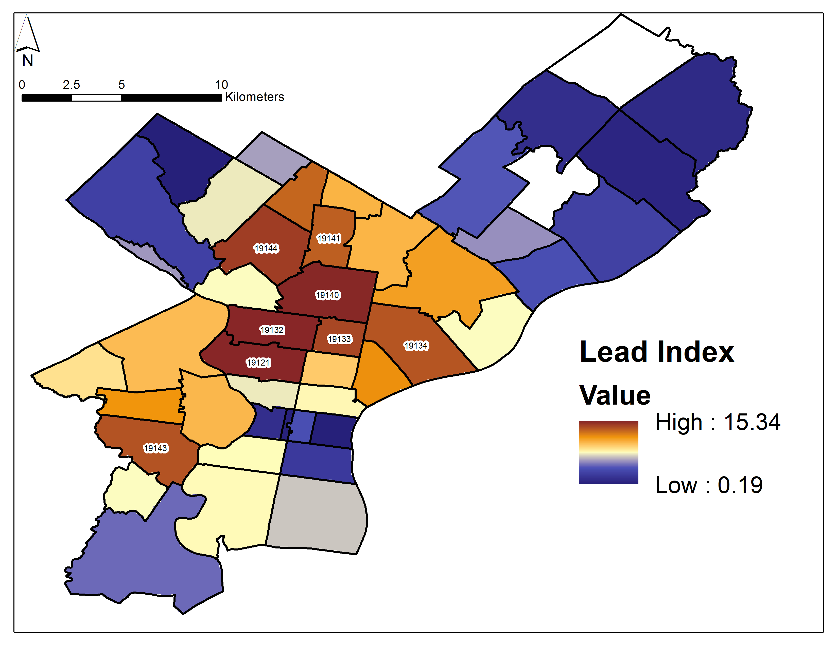 Map of Philadelphia color coded by lead exposure risk. Highest risk areas are concentrated in North and Southwest Philadelphia.