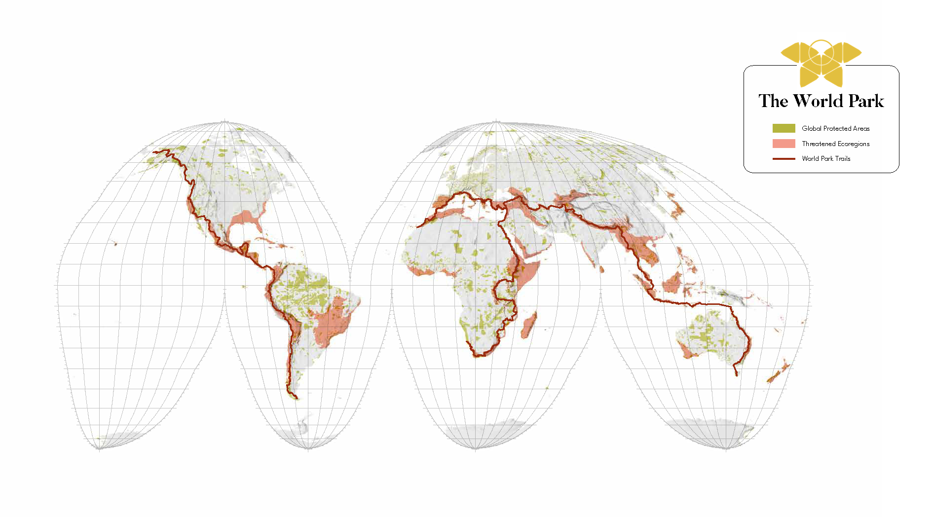 A flattened image of the globe shows global protected areas, threatened eco-regions, and three proposed World Park trails. 