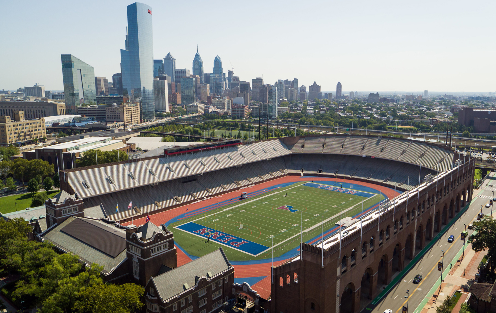 Franklin Field with Philadelphia cityscape in distance.