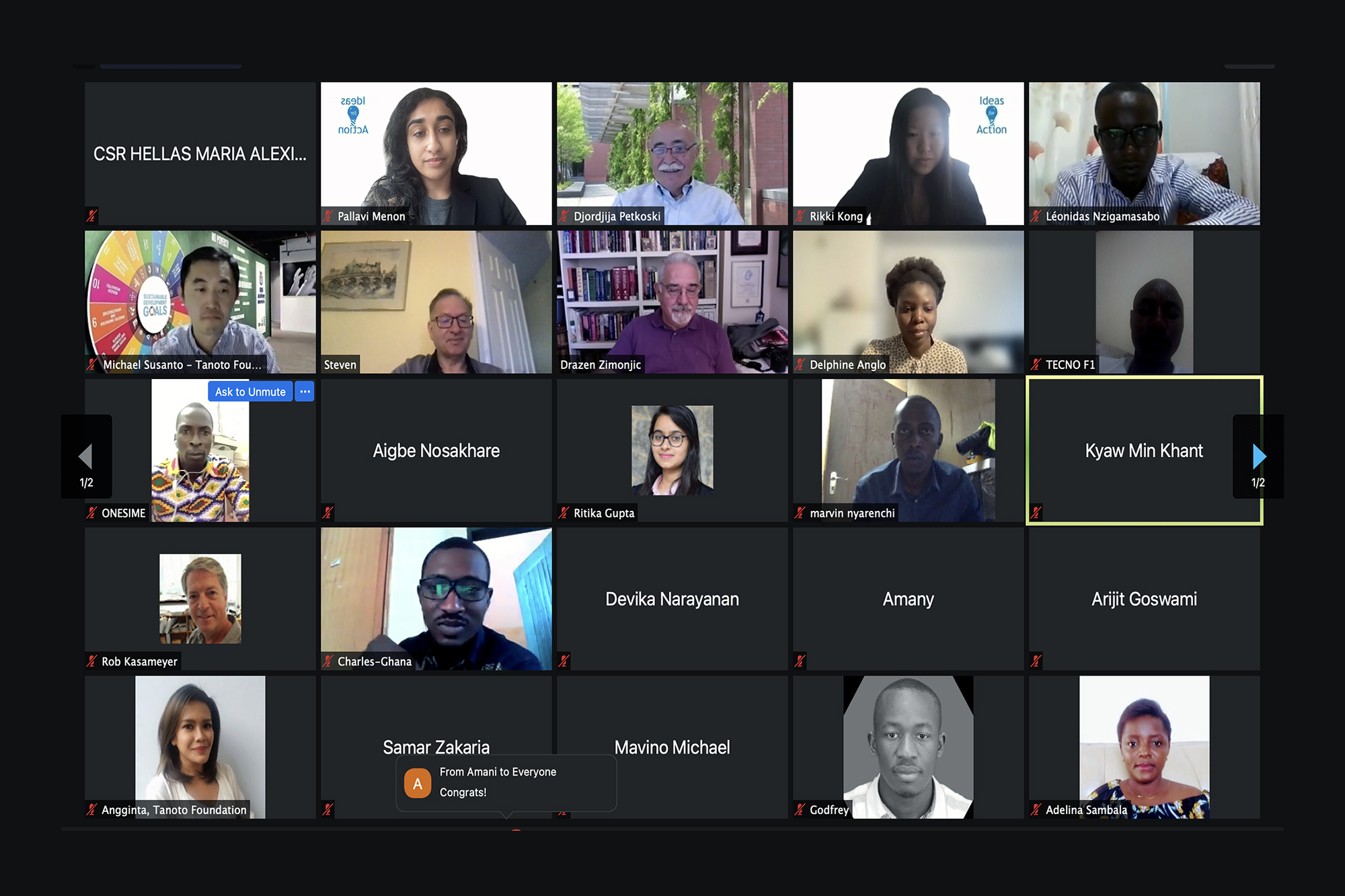 Screen shot of virtual meeting with various people on camera and some off-camera.