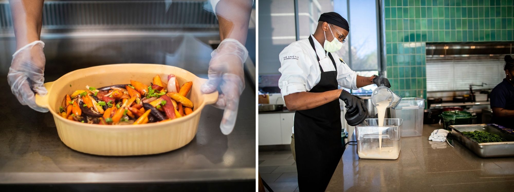 Left: Gloved hands holding a casserole dish of roasted carrots. Right: A chef in a kitchen pours batter into a container.