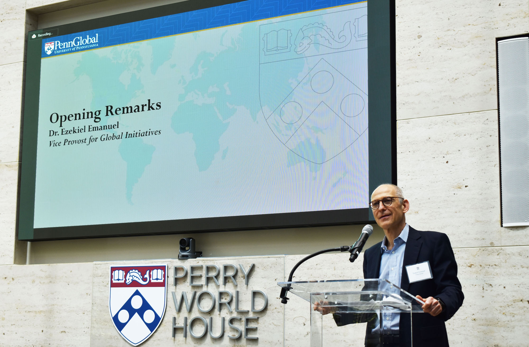 Zeke Emanuel stands at a podium at Perry World House