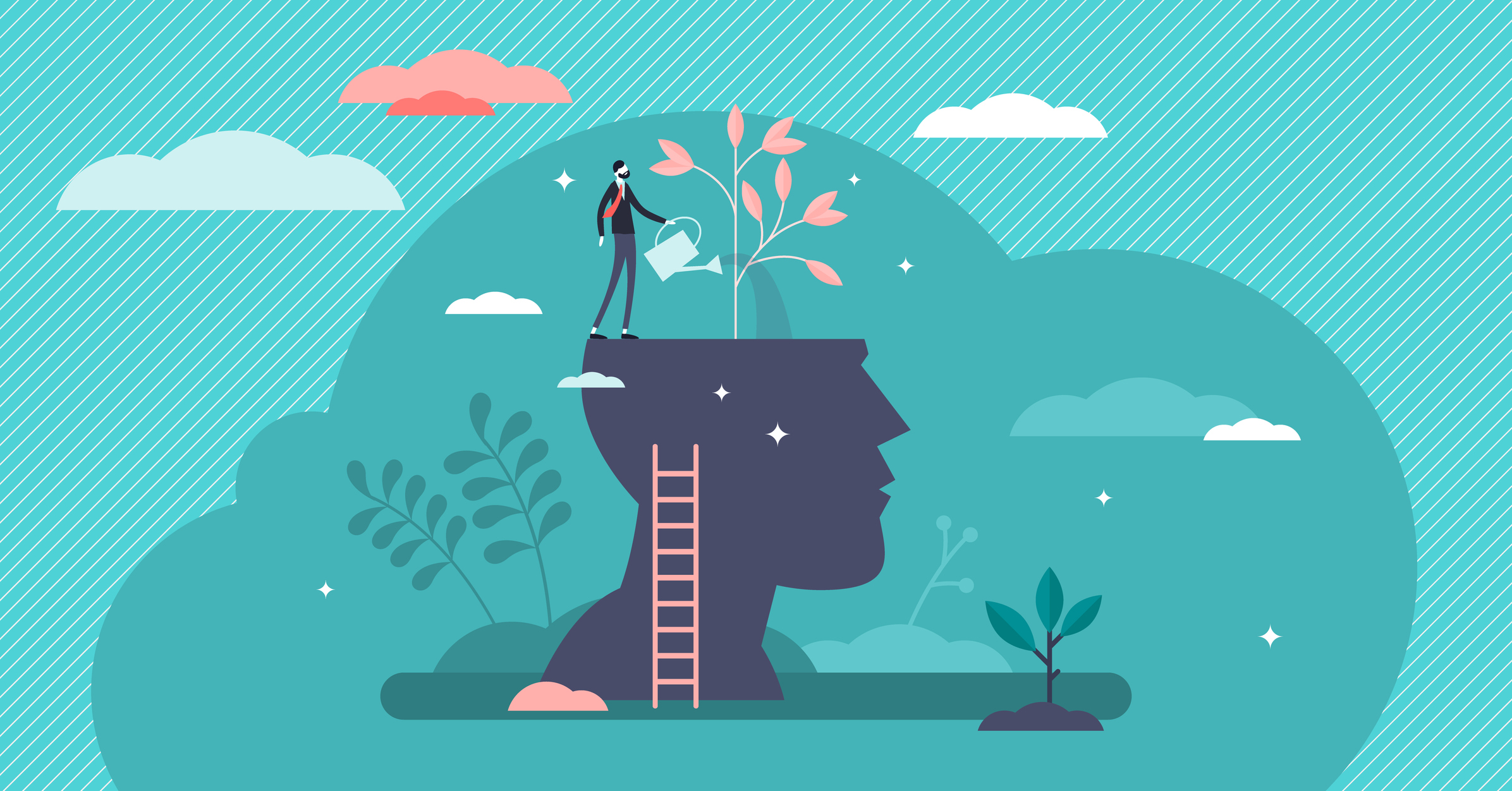 graphic of person tending to plants growing out of a person's head, suggesting a flourishing mind