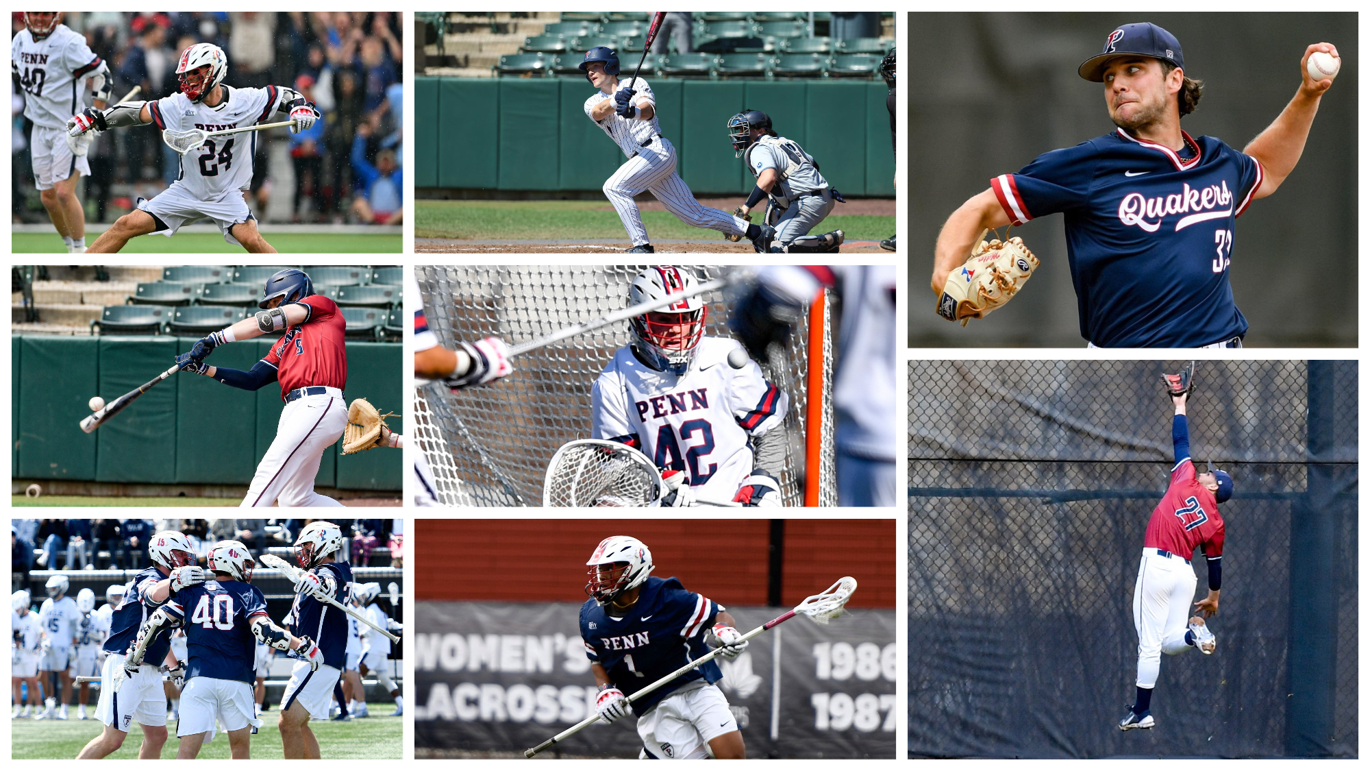 A grid showing athletes competing in baseball and men's lacrosse.