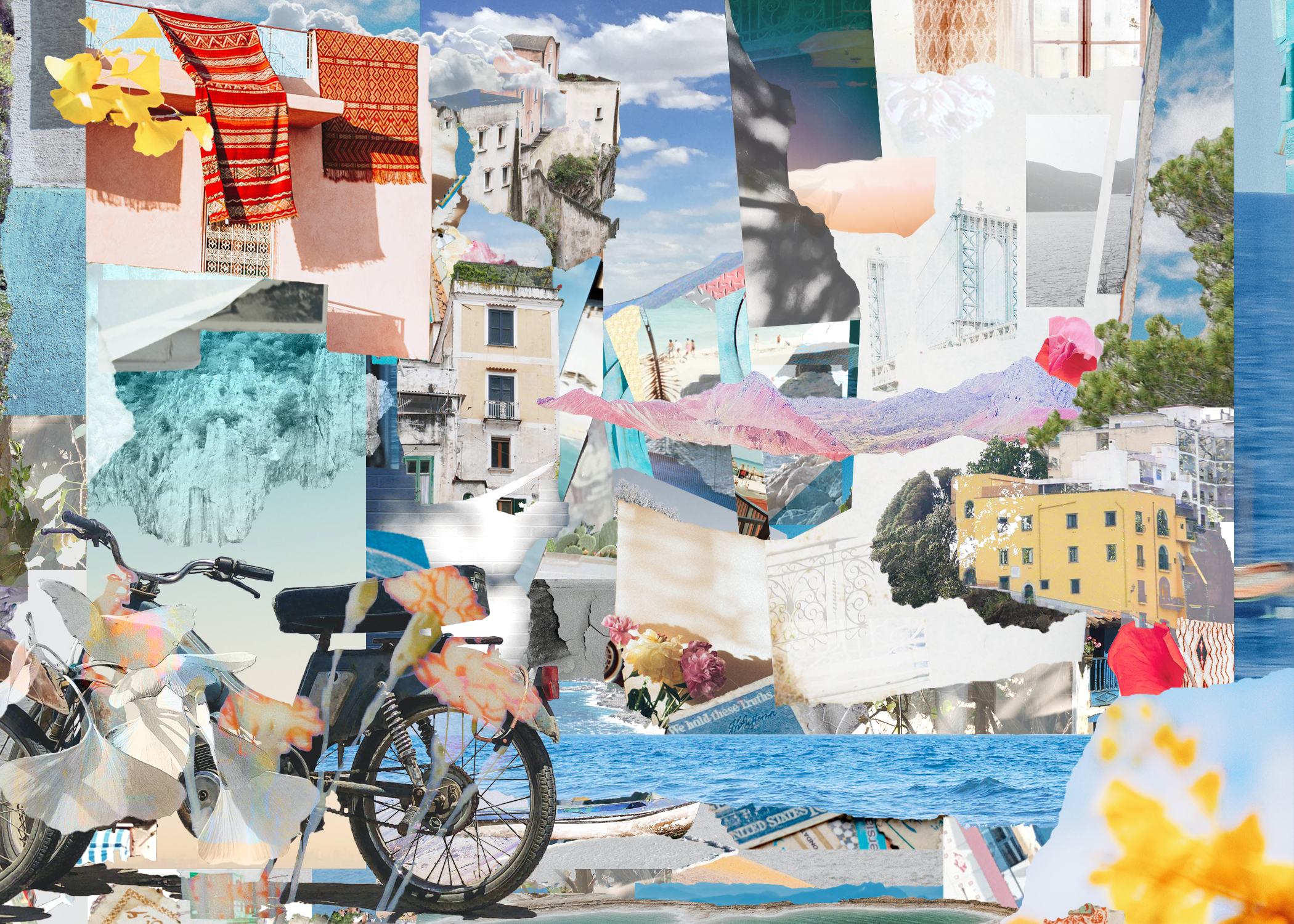 a collage of many different images including buildings, sky, a motorcycle