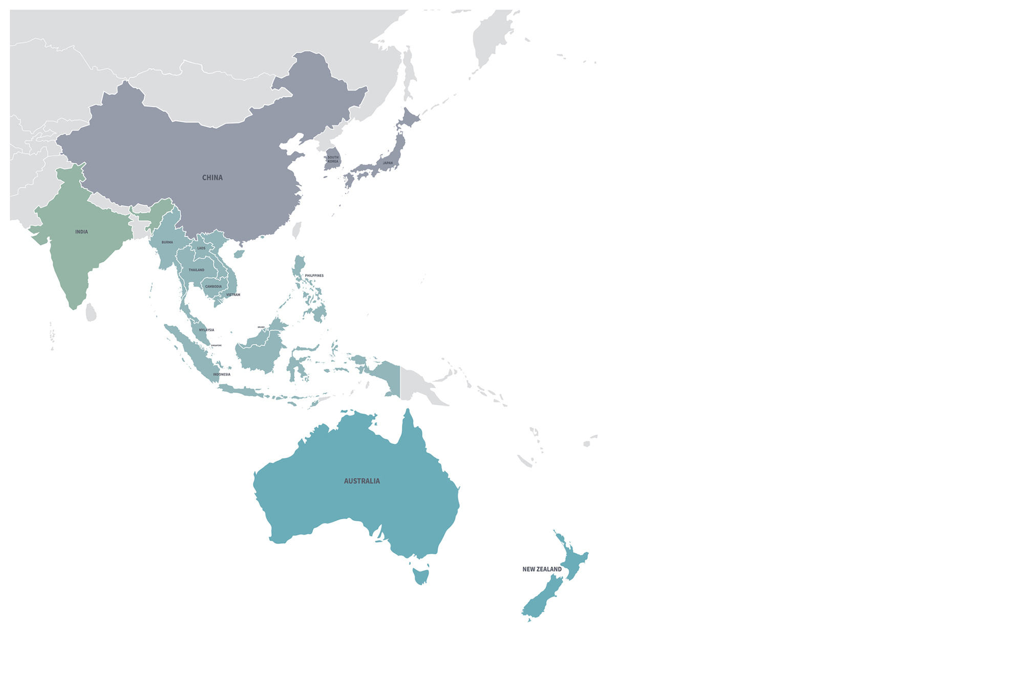 Map of the Info-Pacific region, including India, China, and Japan in the north, down to Australia and New Zealand in the south