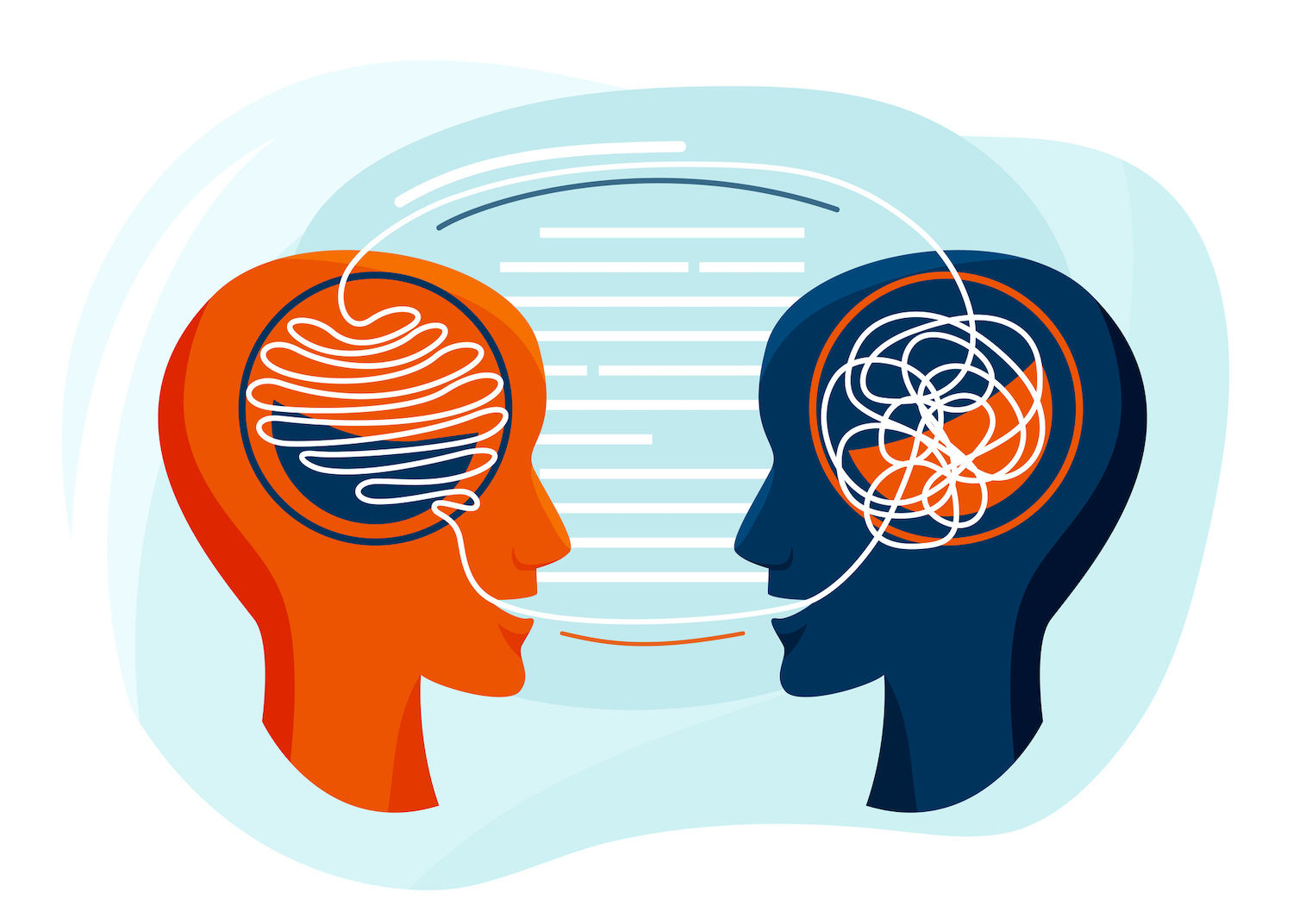 A cartoon drawing of two silhouetted heads facing each other, with lines to indicate speaking, moving from the mouths to the brains around in a circle.