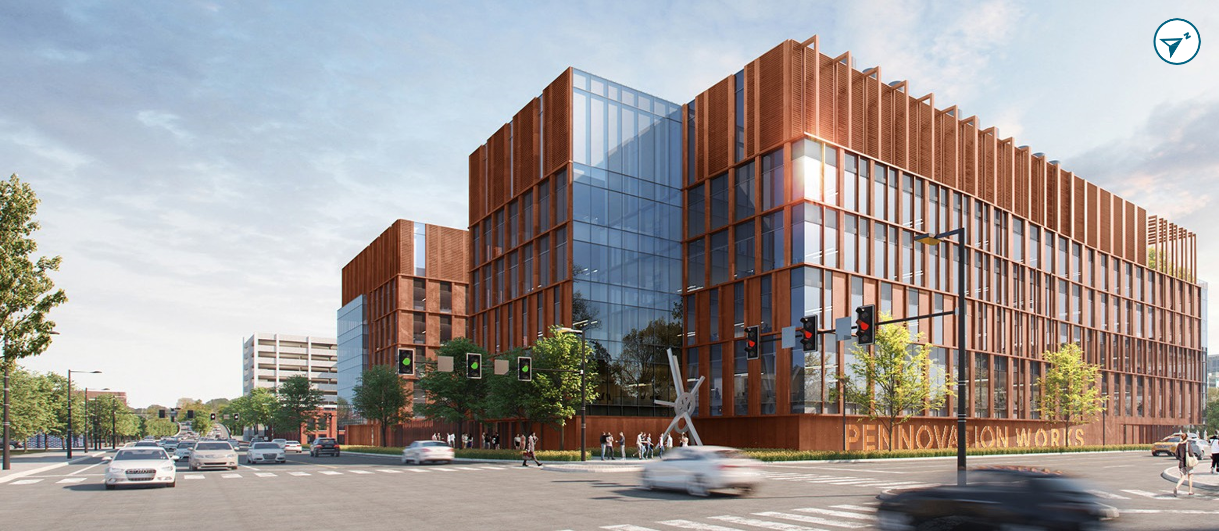 A rendering of a new building at Pennovation Works with glass and copper features