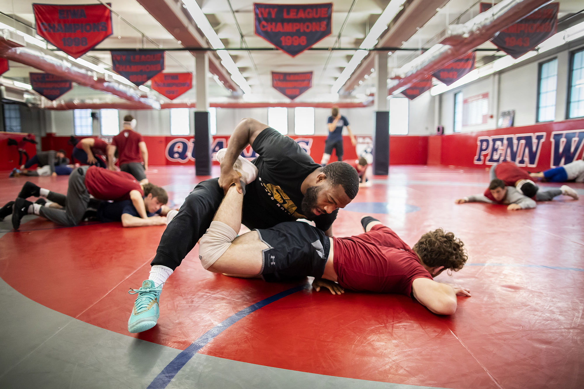 olympic wrestler training with students