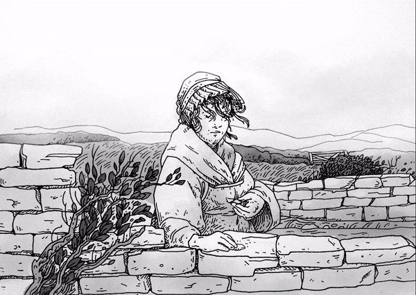 Illustration of a person holding stones by a stone wall.