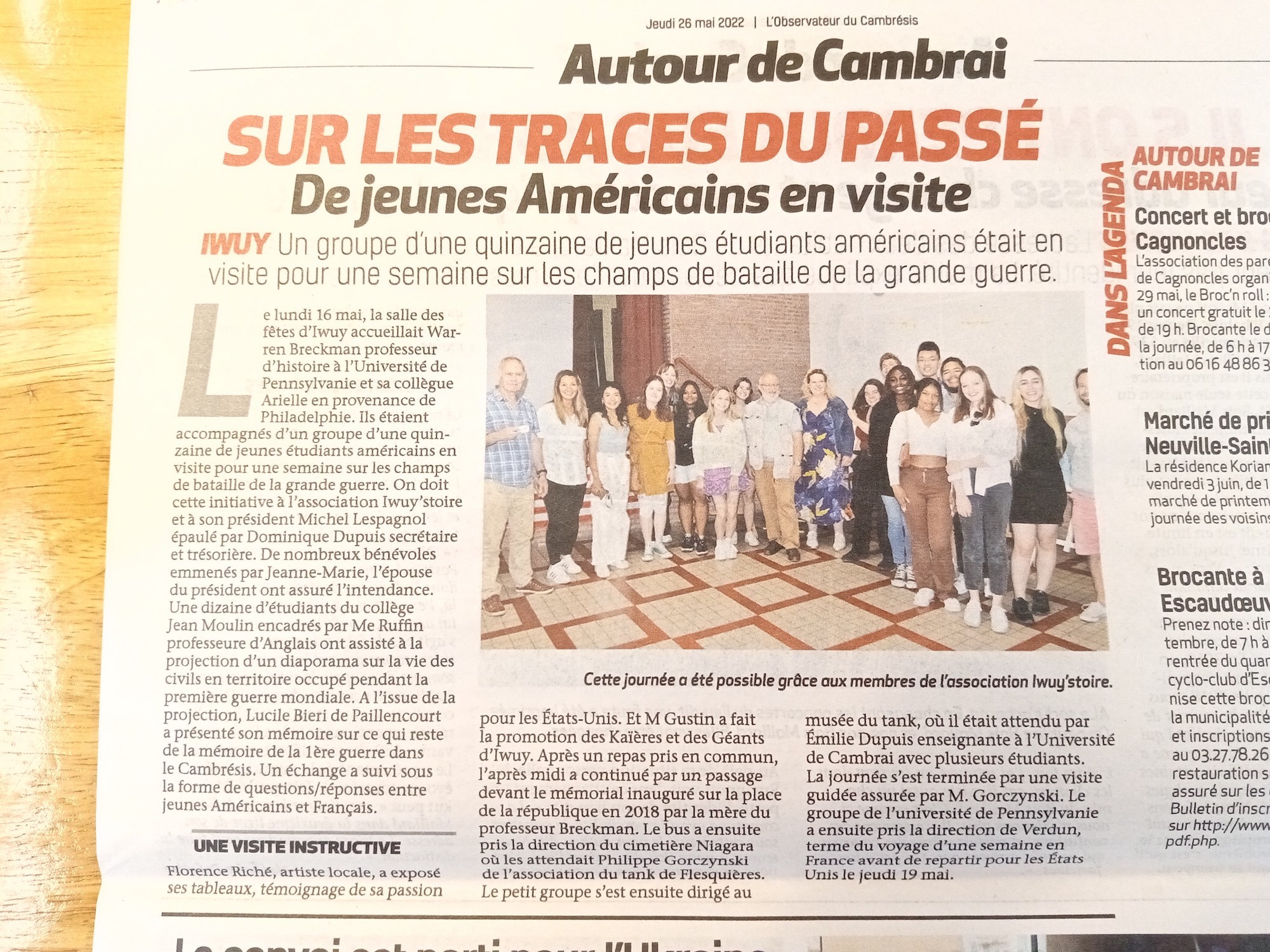 Newspaper article about Penn Global class's visit to the French village of Iwuy