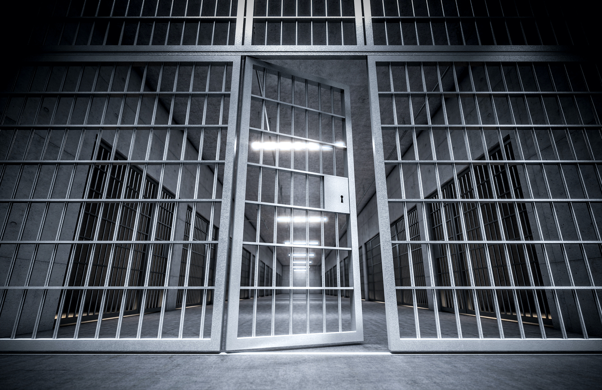 The door of a prison cell open, with closed cells behind it. 