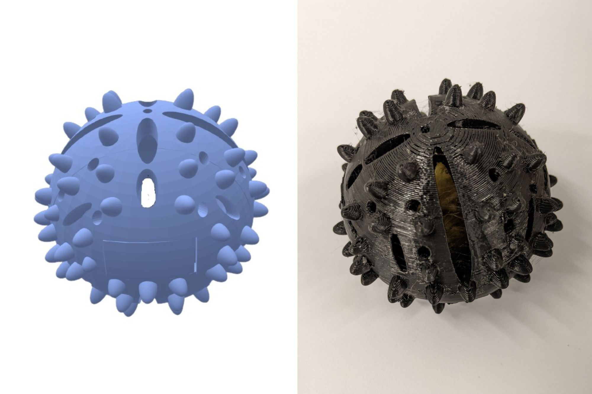 A CAD rendering and a 3D prototype of a microfiber-catching laundry ball.