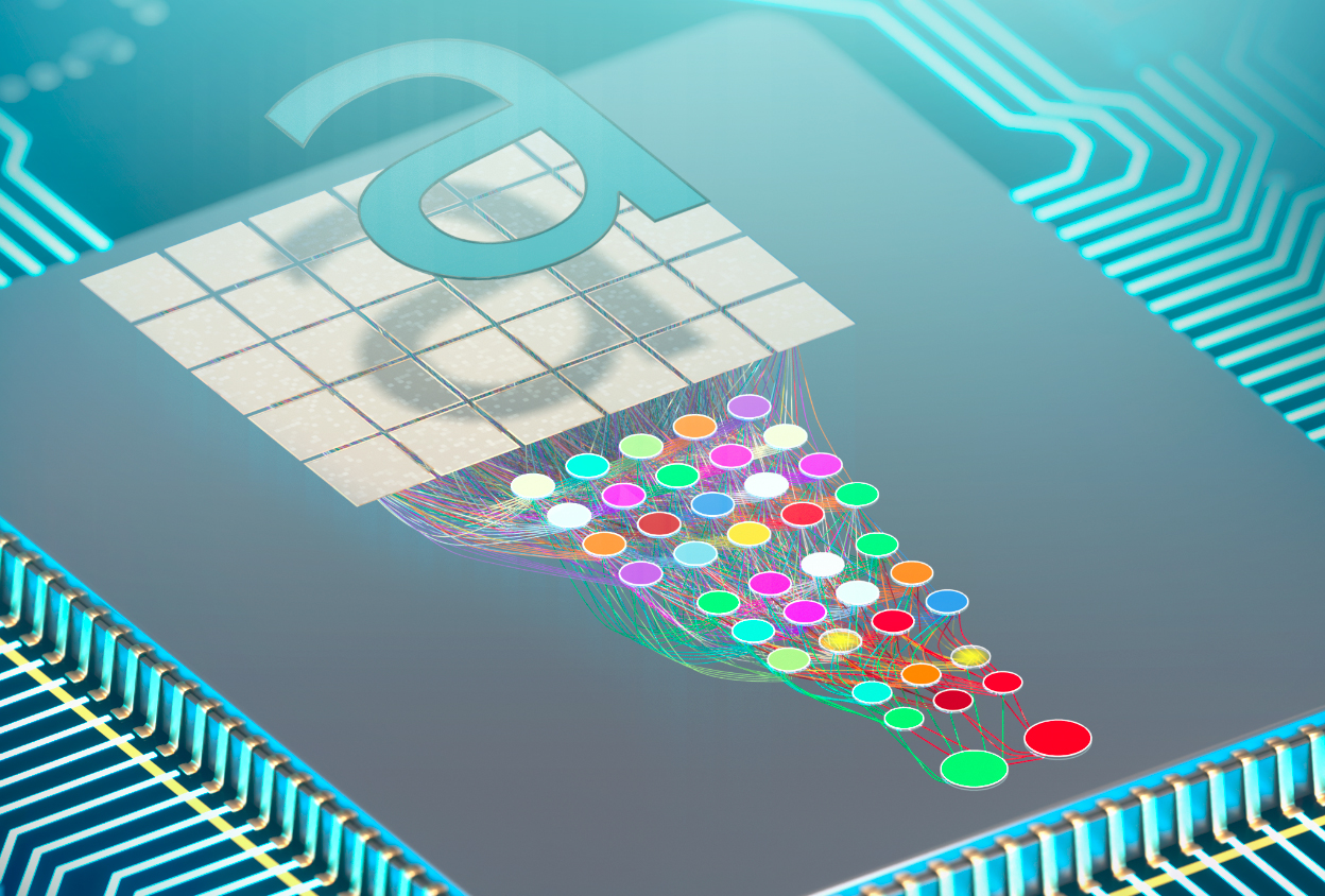 Closeup of microchip detail with dots representing systems.