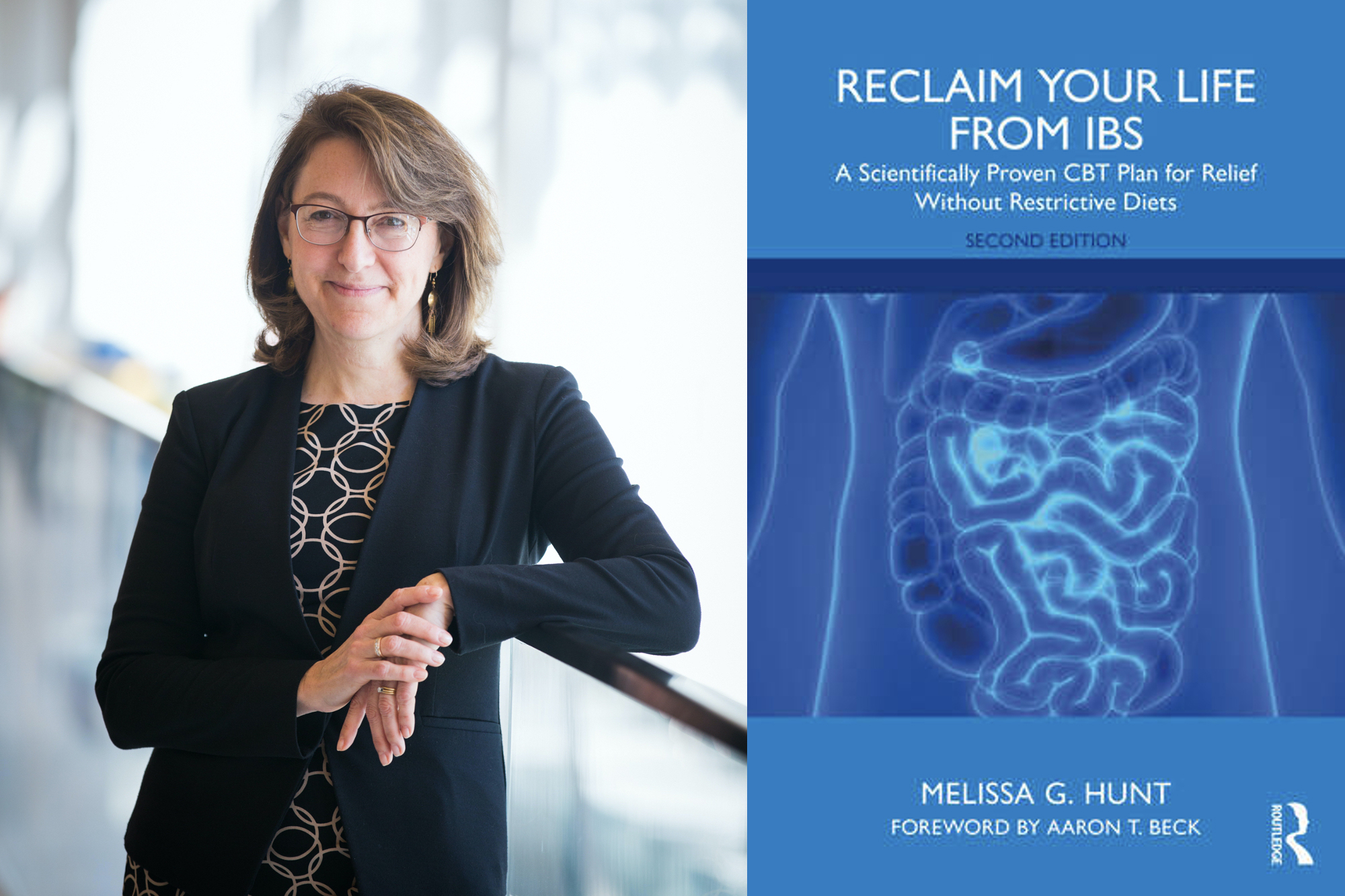 Left, Melissa Hunt. Right, book cover for “Reclaim Your Life From IBS.”