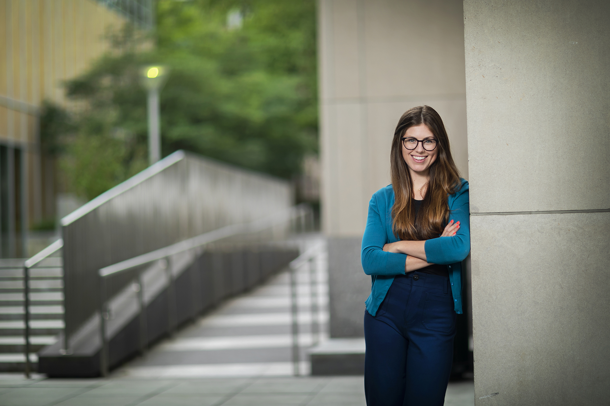 Ava Kikut in front of the Annenberg School for Communication