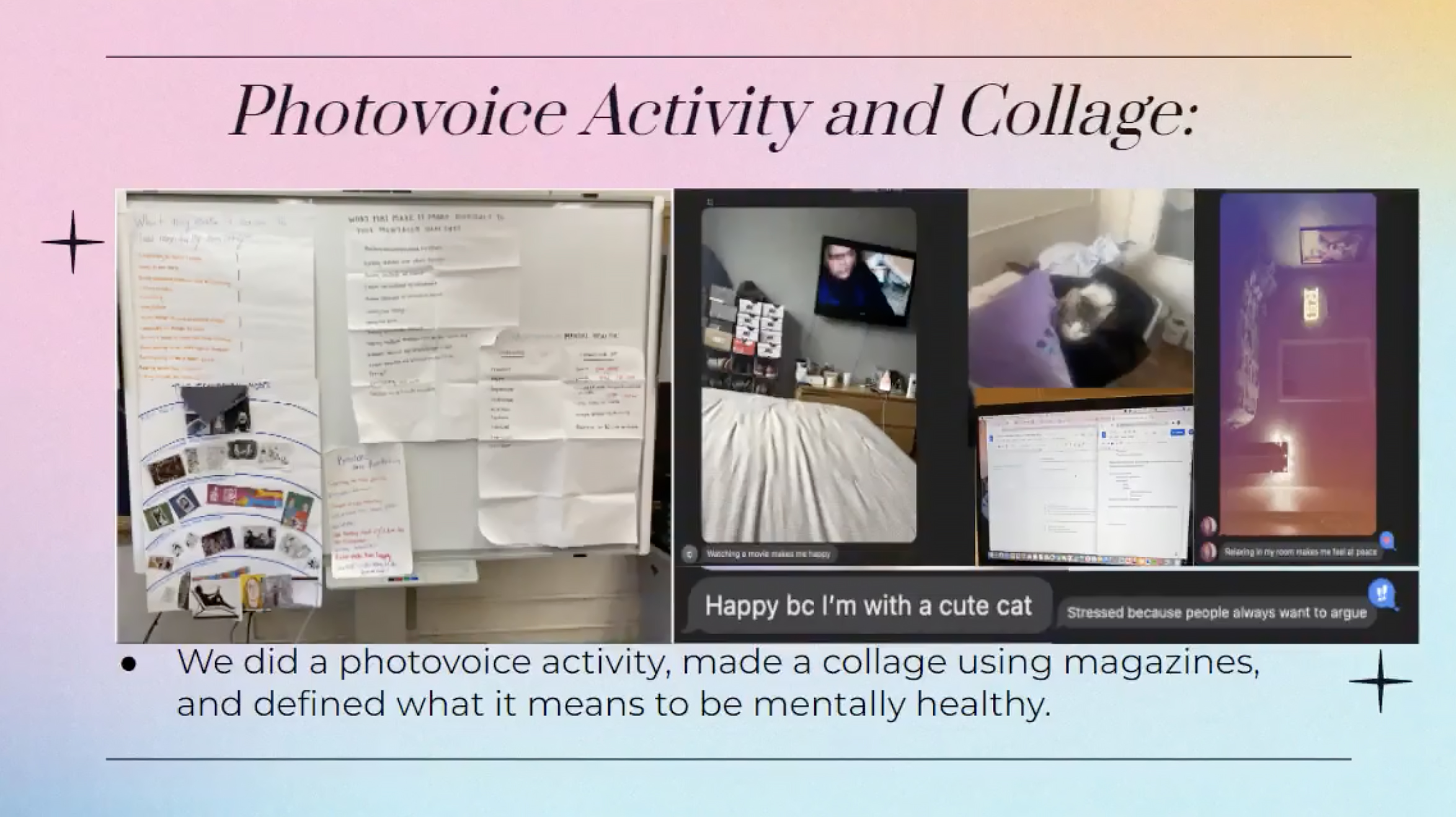 Text says: Photovoice Activity and Collage: We did a photovoice activity, made a collage using magazines, and defined what it means to be mentally healthy. Images show a poster with tacked on notes and pictures, and images of a room that say "happy bc I'm with a cute cat"