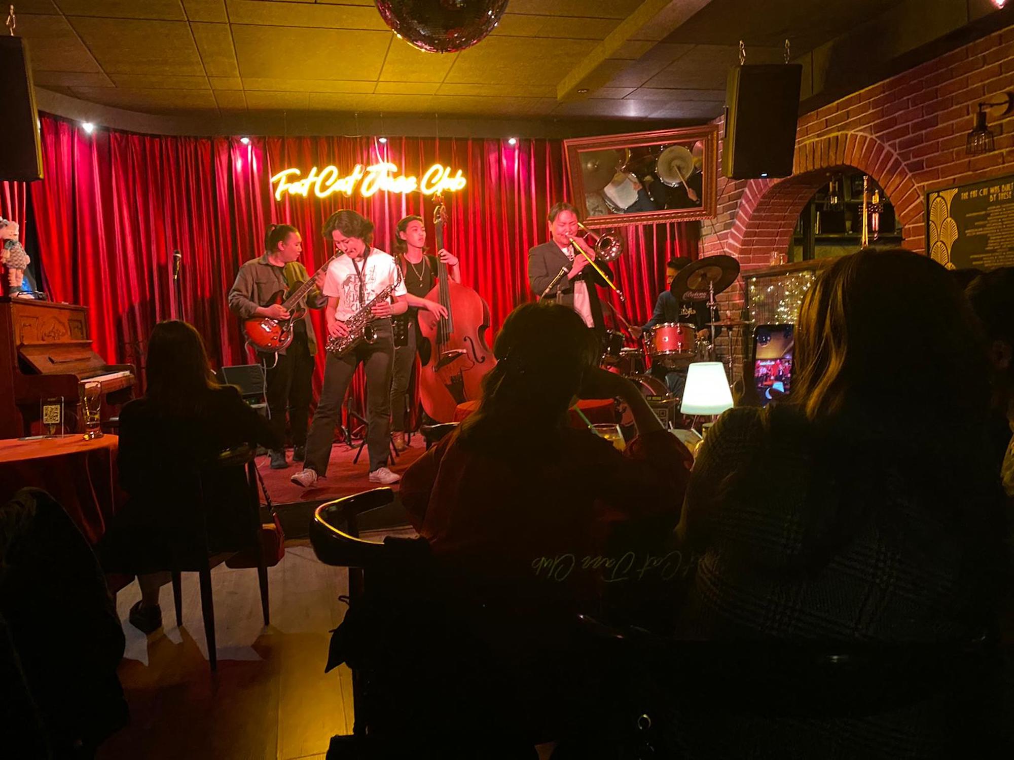 A jazz band plays at a small club in the capital of Mongolia