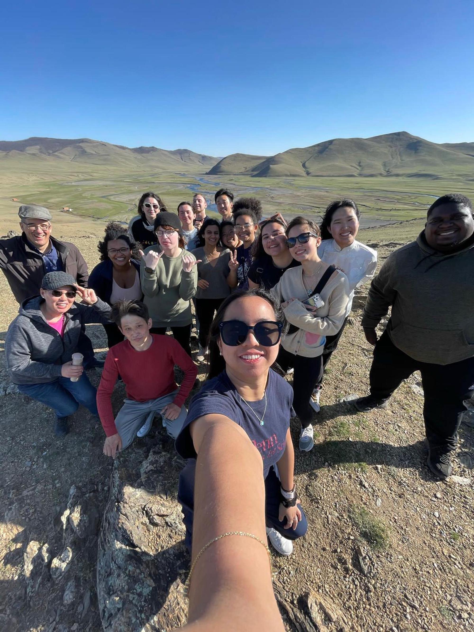 Students take a selfie in the valley of the Orkhon river in Mongolia.