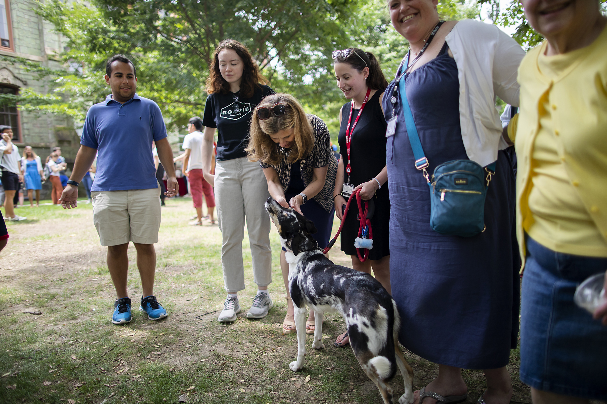 Penn President Liz Magill pets a dog on College Green.