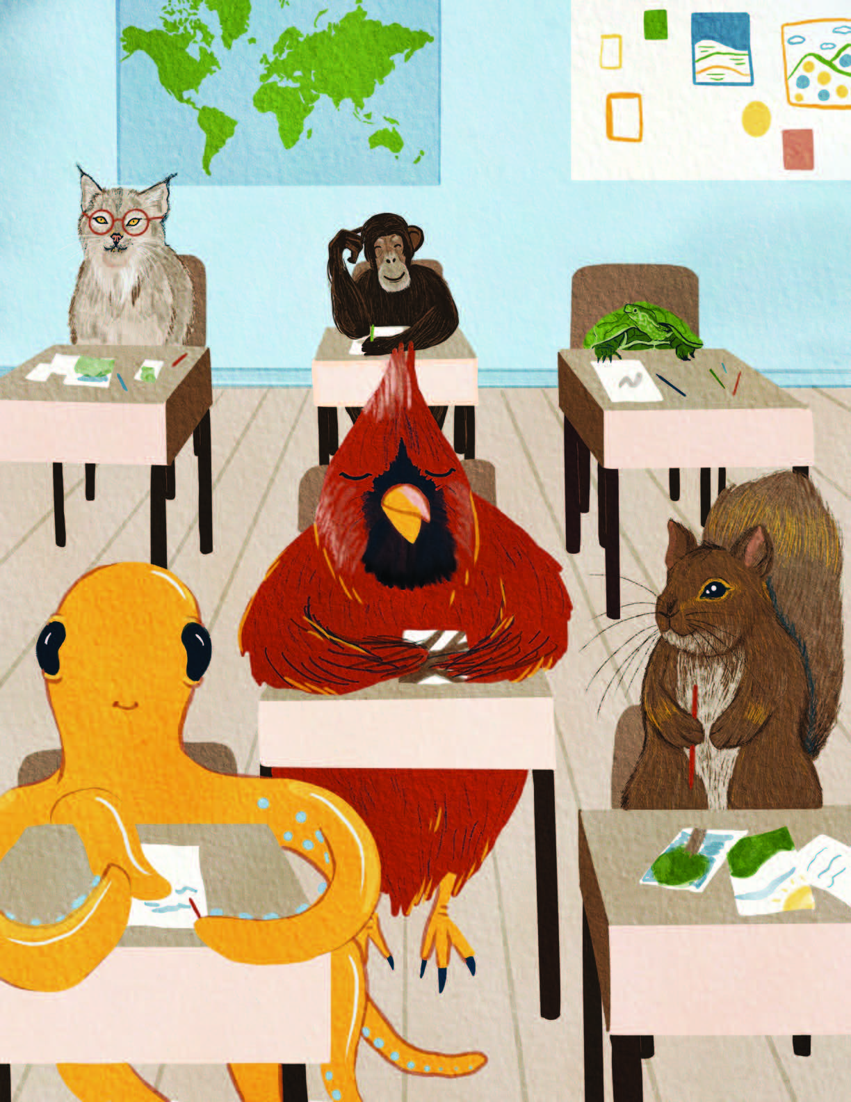 An illustration of animals sitting at desks in a classroom.