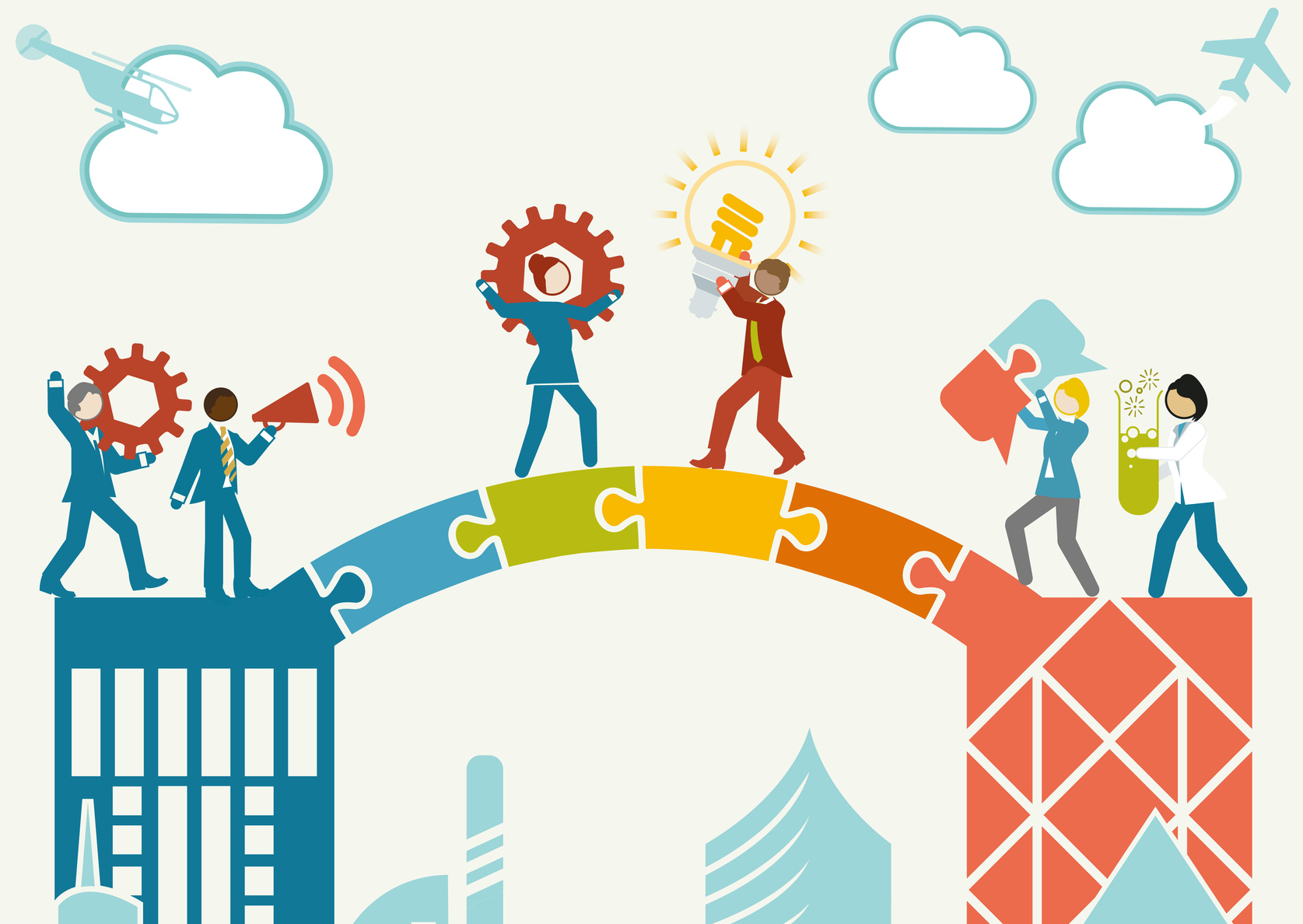 A colorful illustration of people on a bridge that looks like a puzzle. Each person carries something, including a cog, a lightbulb, a megaphone, and a beaker, to indicate collaboration.