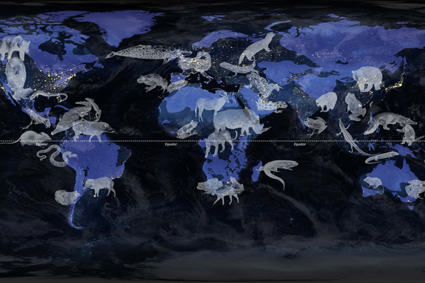 Map of the earth with extinct animals superimposed over the continents.