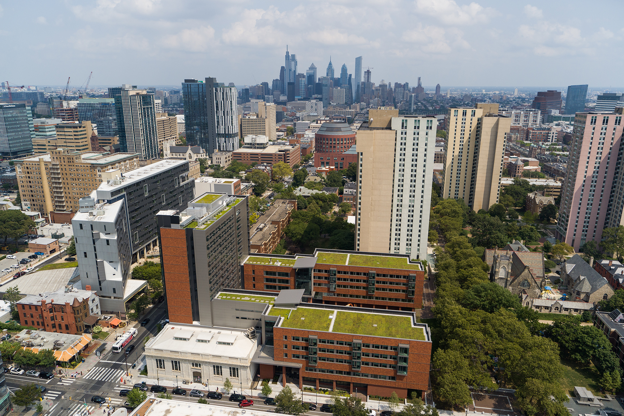 Aerial view of Gutmann College House and city of Philadelphia