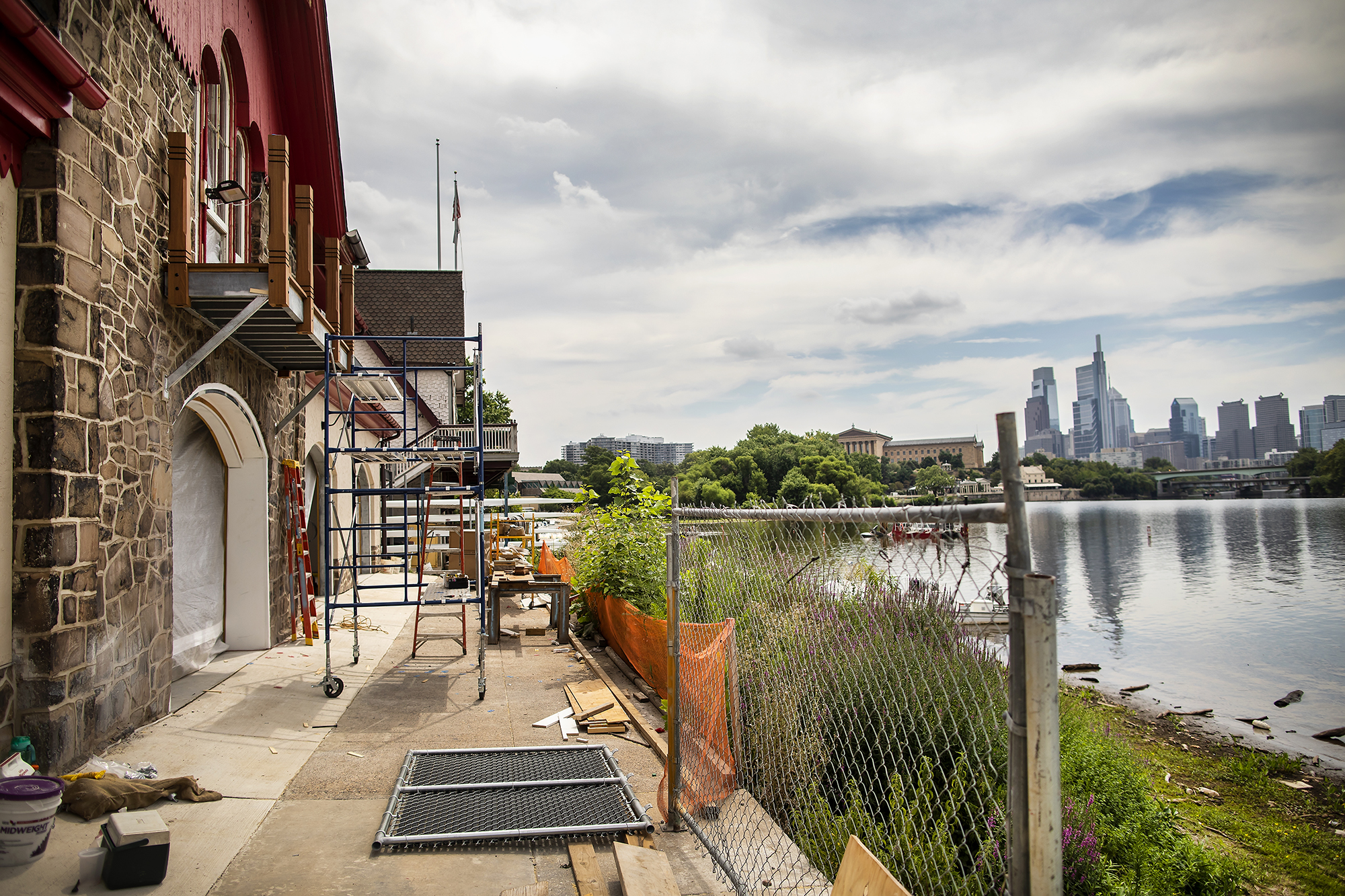 The Boathouse on the Schuylkill River with the city of Philadelphia in the distance.
