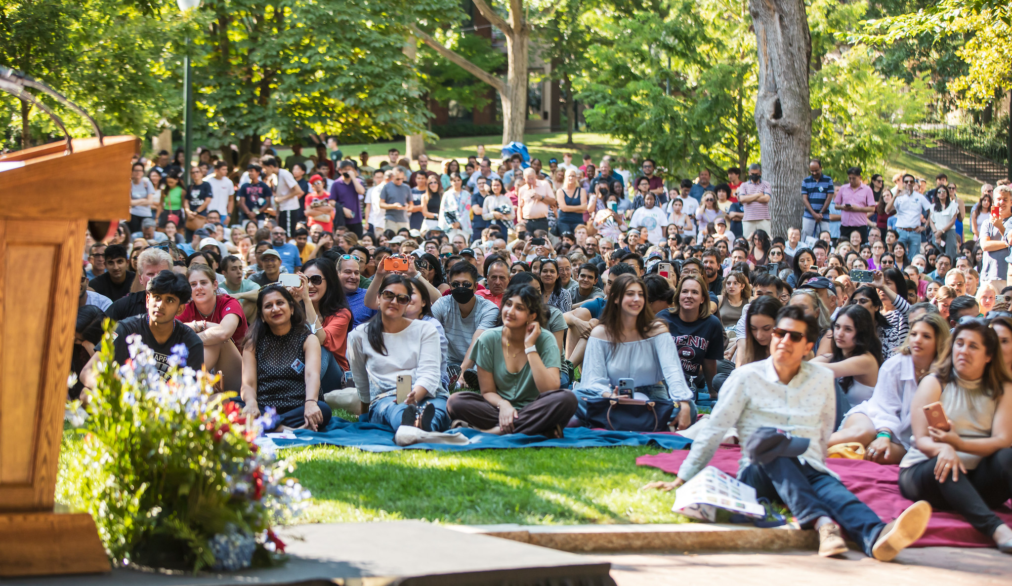 First-year students and families gather on the lawn on College Green to hear remarks from Penn President Liz Magill.
