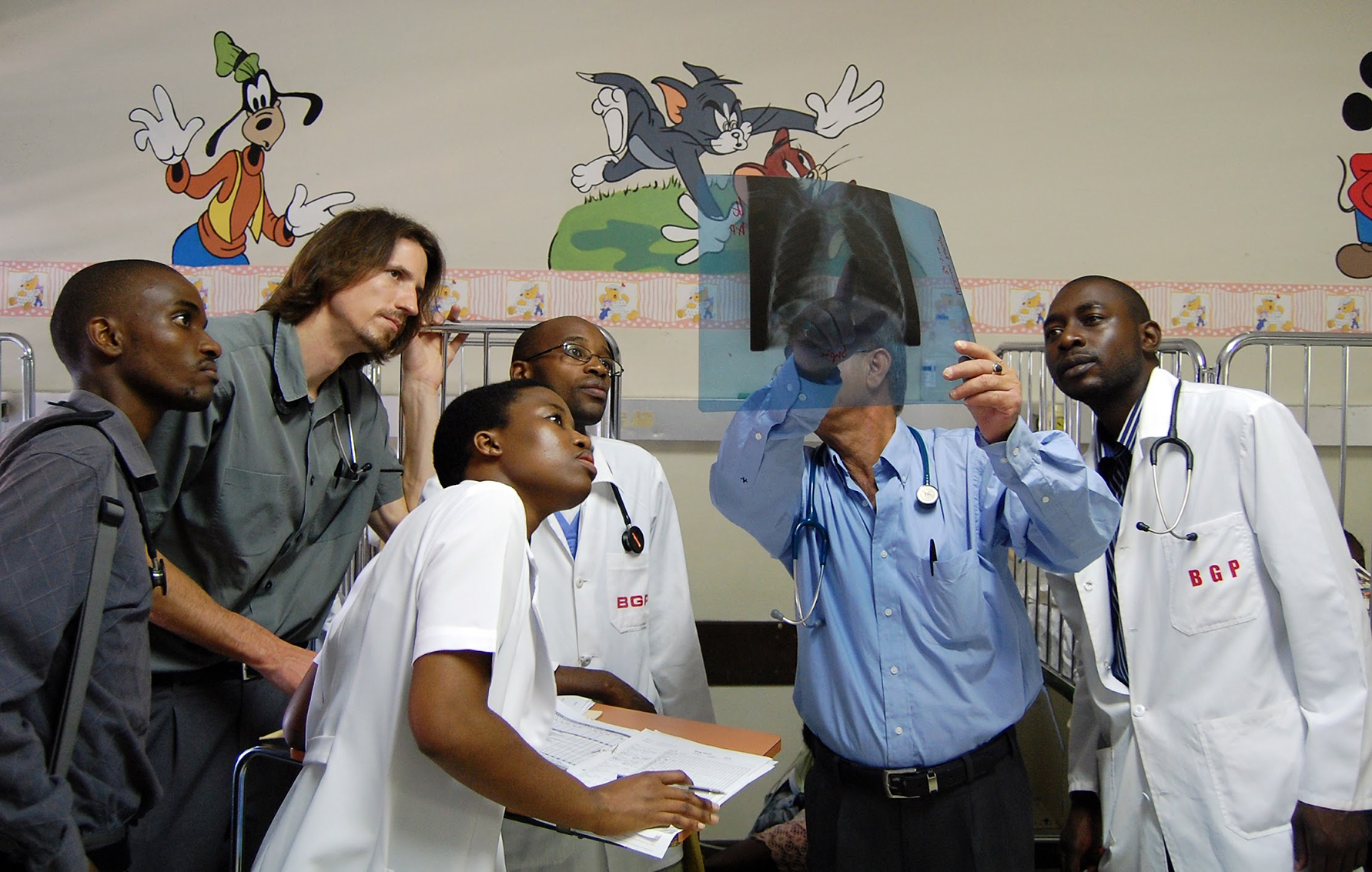 A group of doctors looking at an x-ray in a children’s hospital in Botswana.