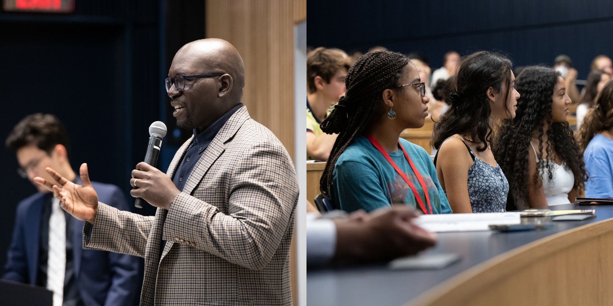 Left: Jamelle Bouie speaking into a microphone. Right: Audience members listening.